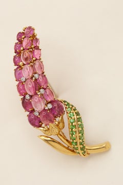 18 Karat Yellow Gold Pink Tourmaline Tsavorite Garnet and Diamond Floral Brooch