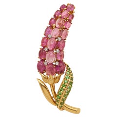 18 Karat Yellow Gold Pink Tourmaline Tsavorite Garnet and Diamond Floral Brooch