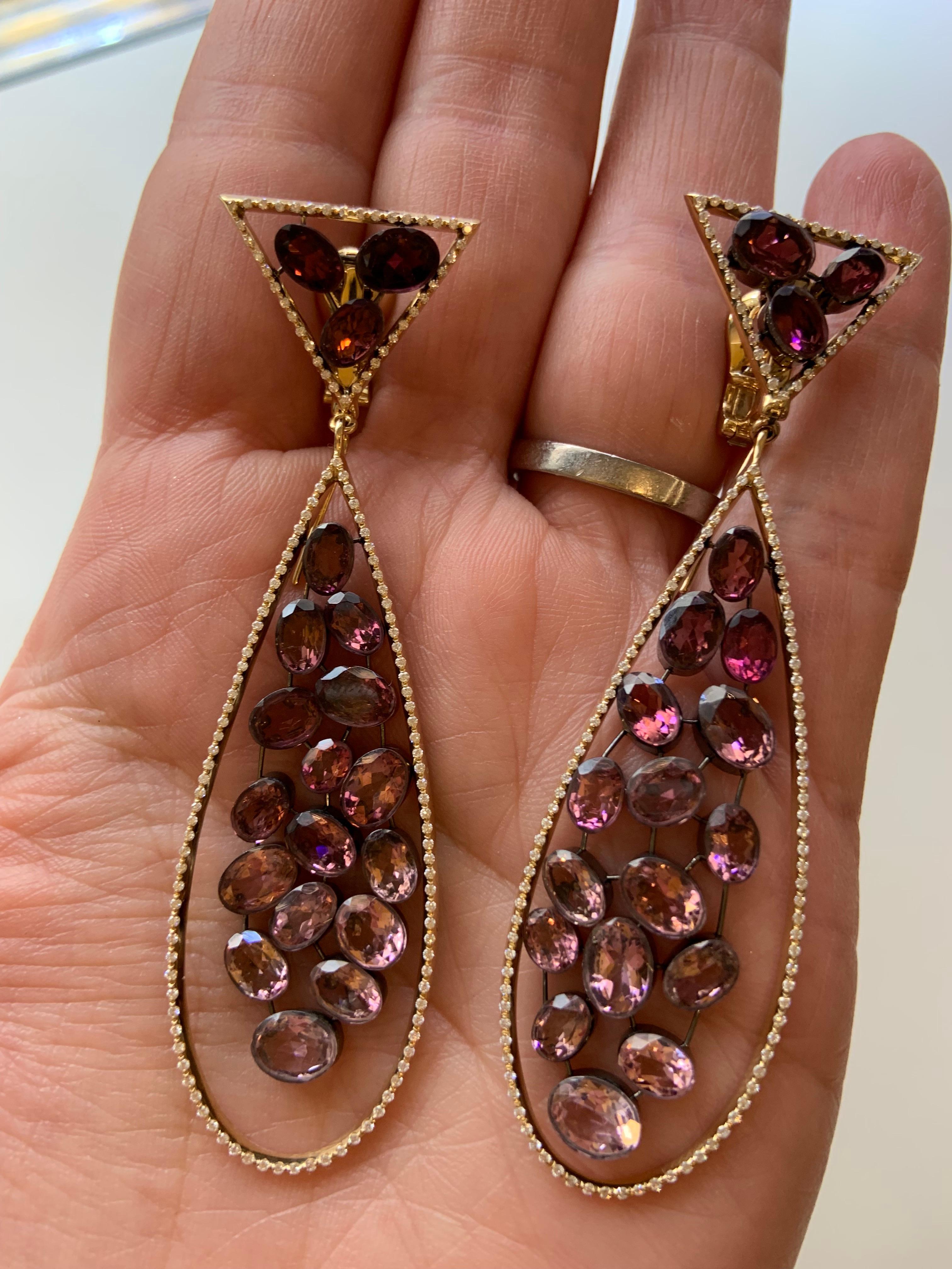 Modern 18 Karat Yellow Gold Pink Tourmaline White Diamonds Drop Earrings For Sale