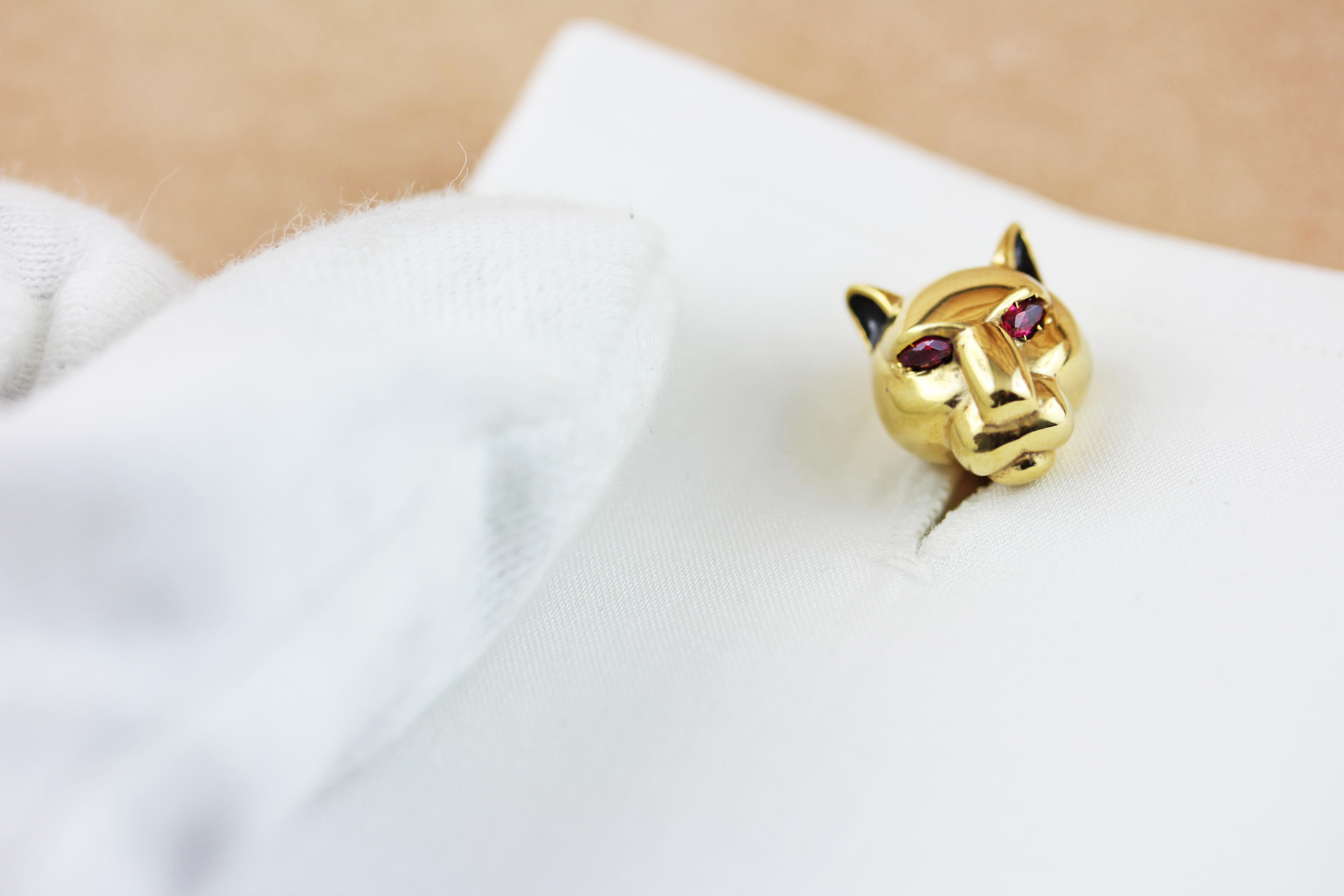 Silver 925 panther cufflinks 18 karat gold plate embellished by rubies on his eyes and a half sphere in onyx , ears with black enamel.

All AVGVSTA jewelry is new and has never been previously owned or worn. 
Each item will arrive beautifully gift