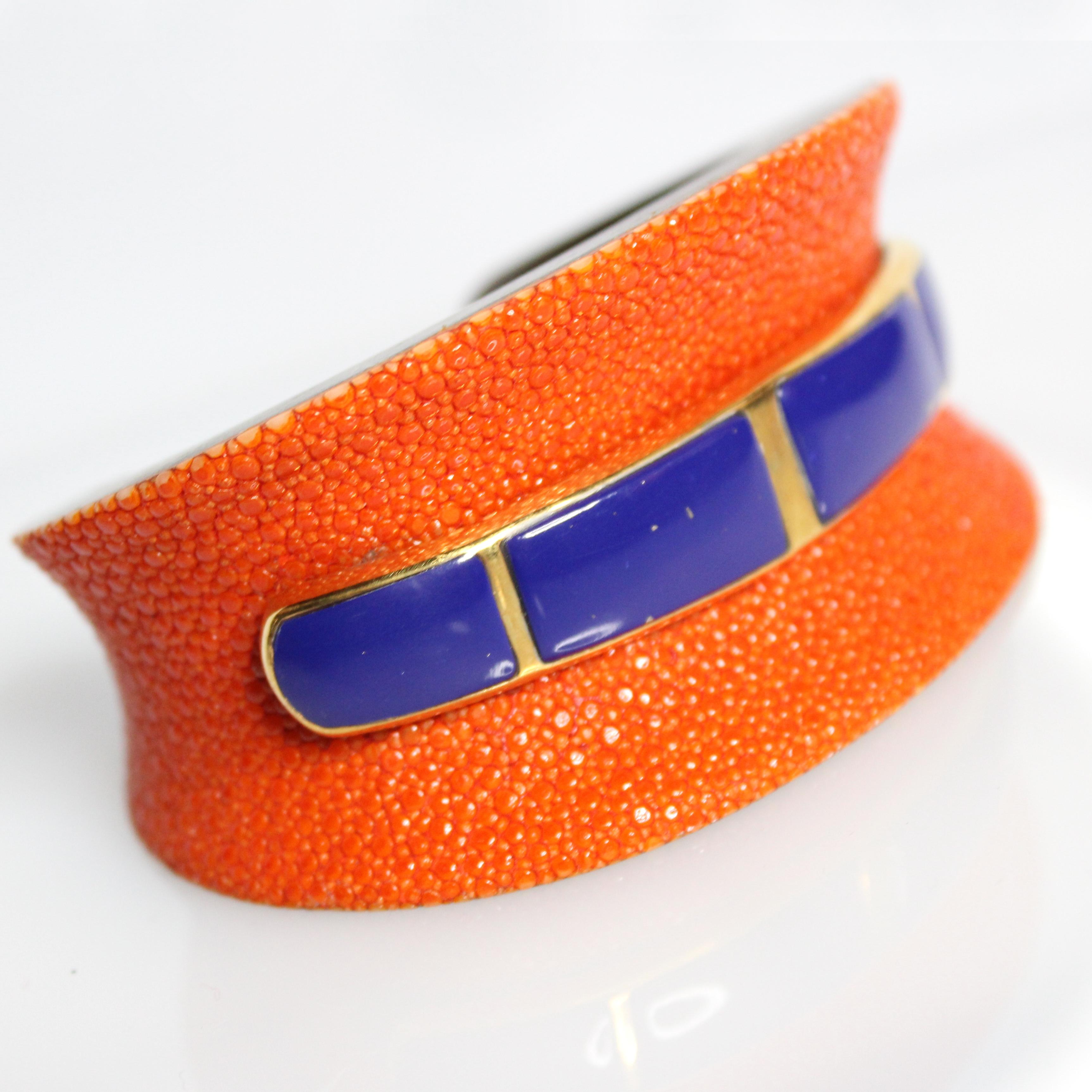 18 Karat Yellow Gold Plated Silver 925 Lapis Lazuli Orange Galuchat Bracelet In New Condition For Sale In Milano, IT