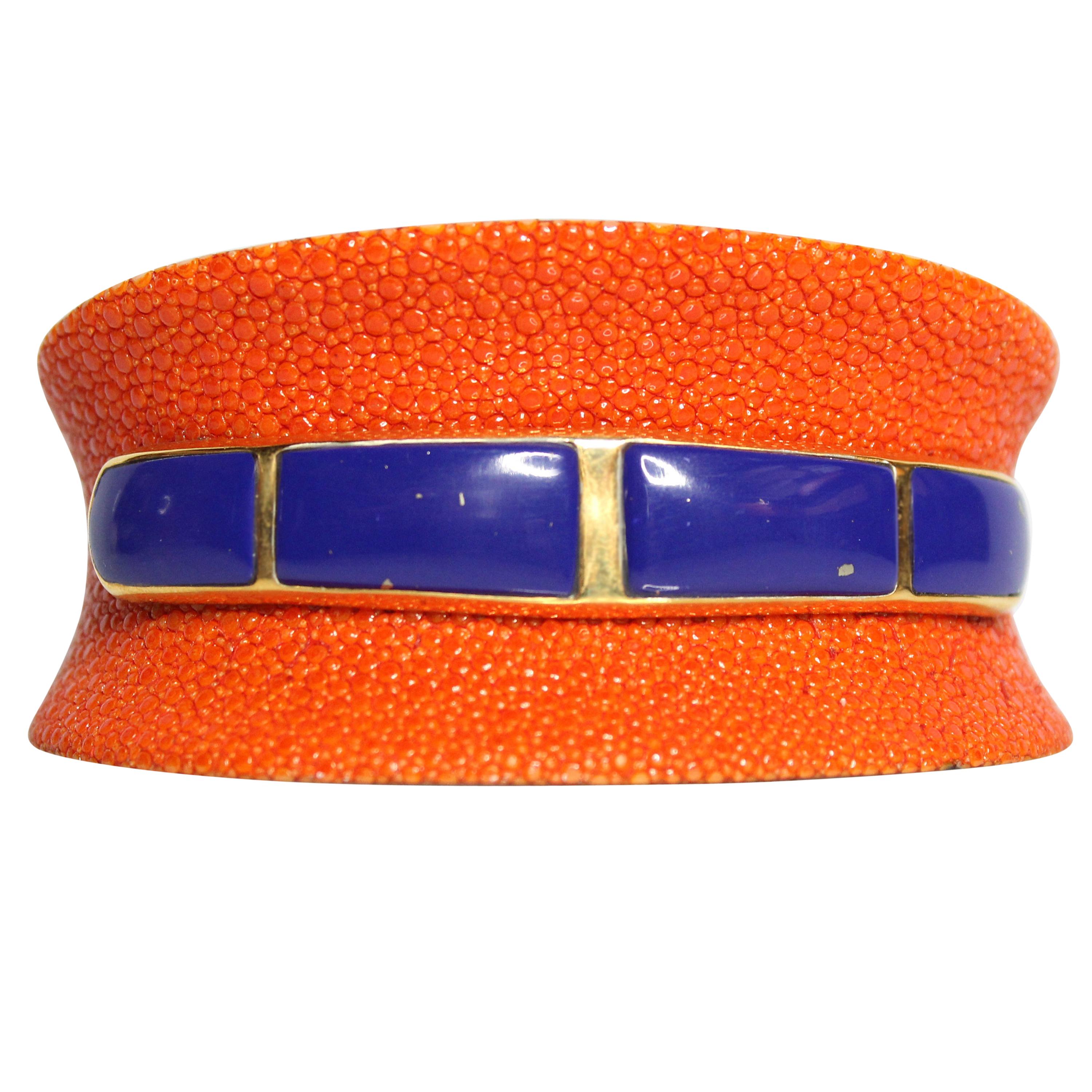 Bracelet galuchat orange en argent plaqué or jaune 18 carats et argent 925 lapis-lazuli