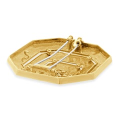 18 Karat Yellow Gold & Platinum Diamond and Enamel Hexagon Brooch
