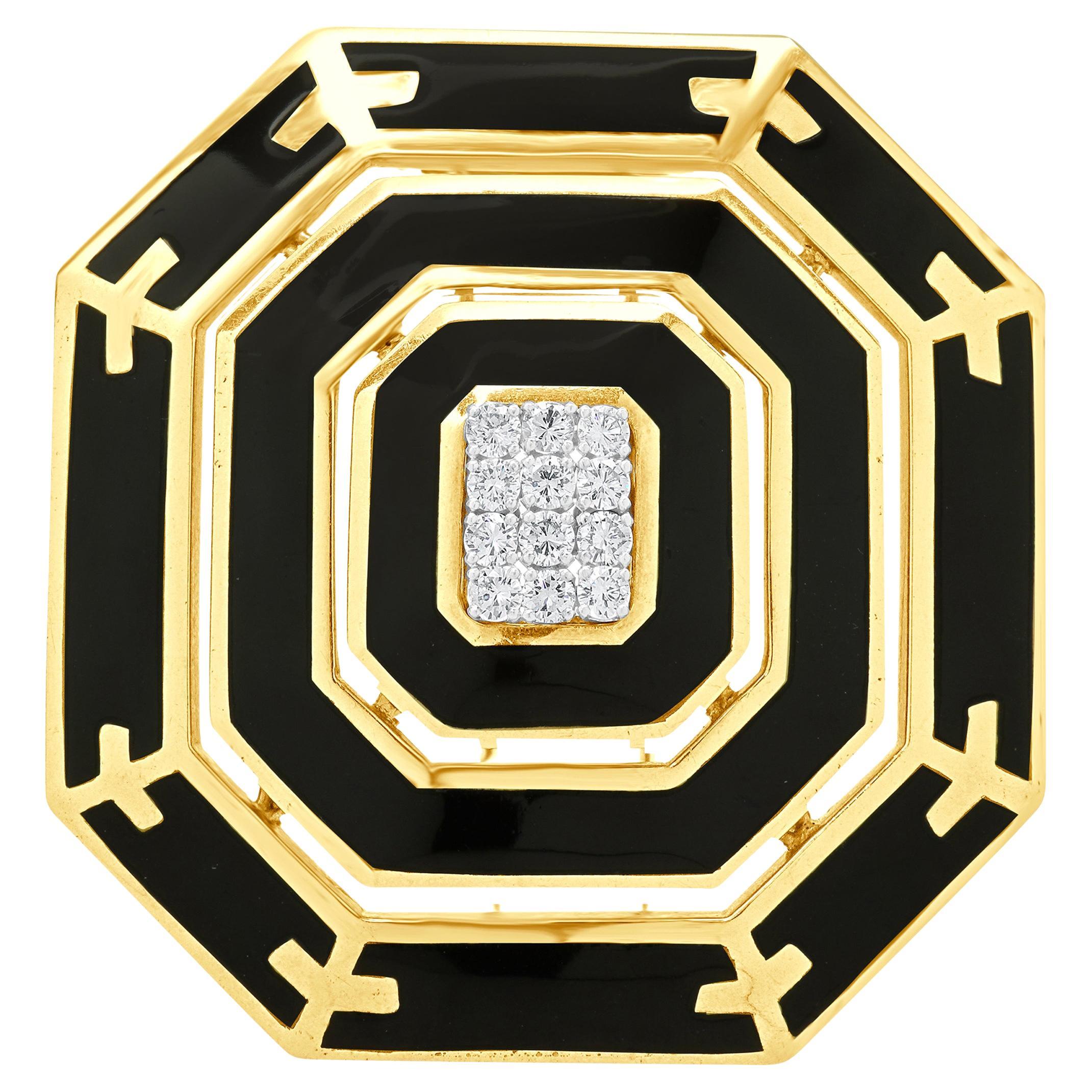 18 Karat Yellow Gold & Platinum Diamond and Enamel Hexagon Brooch