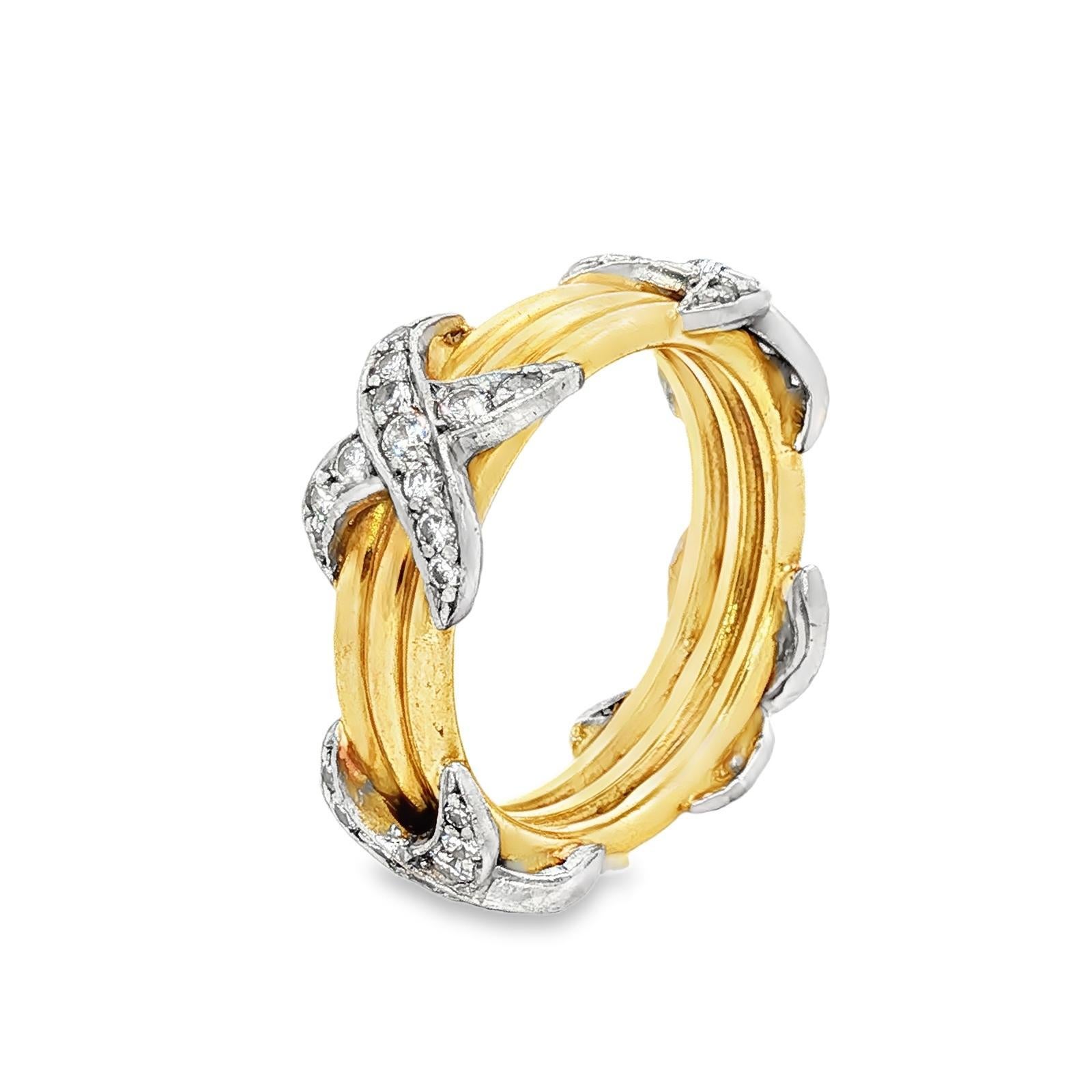 Taille ronde Bague en or jaune 18 carats Platine Diamant 'X' Taille 6 Moderne en vente