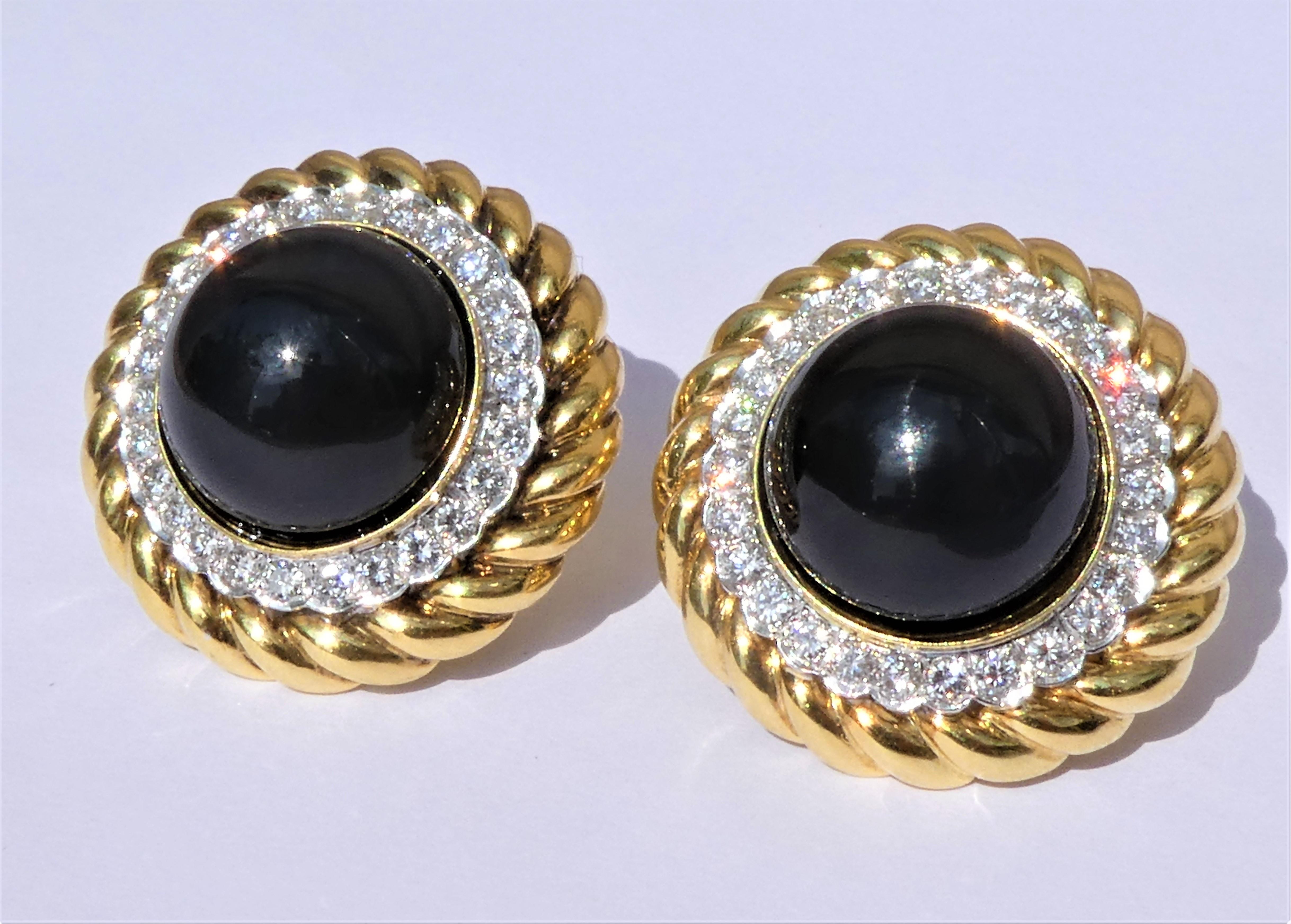 18 Karat Yellow Gold Platinum Diamonds Onyx circa 1970 Earrings 1