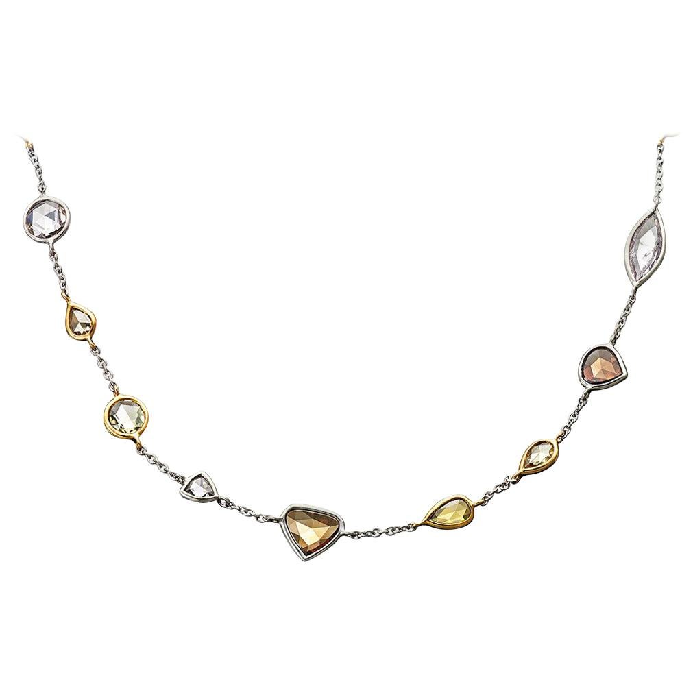 18 Karat Yellow Gold Platinum Necklace Fancy Diamonds For Sale