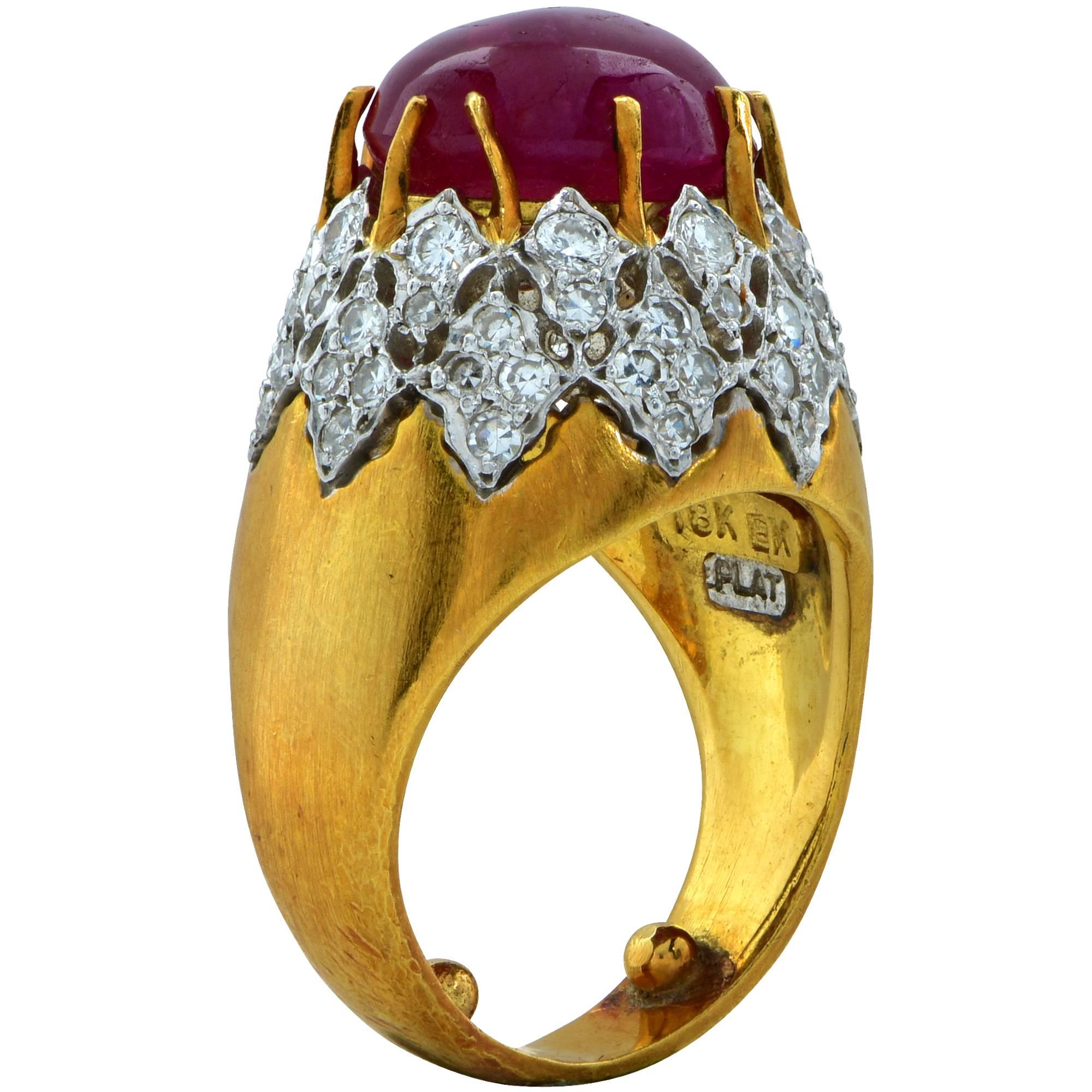 Retro Ruby Diamond 18 Karat Yellow Gold Platinum Ring