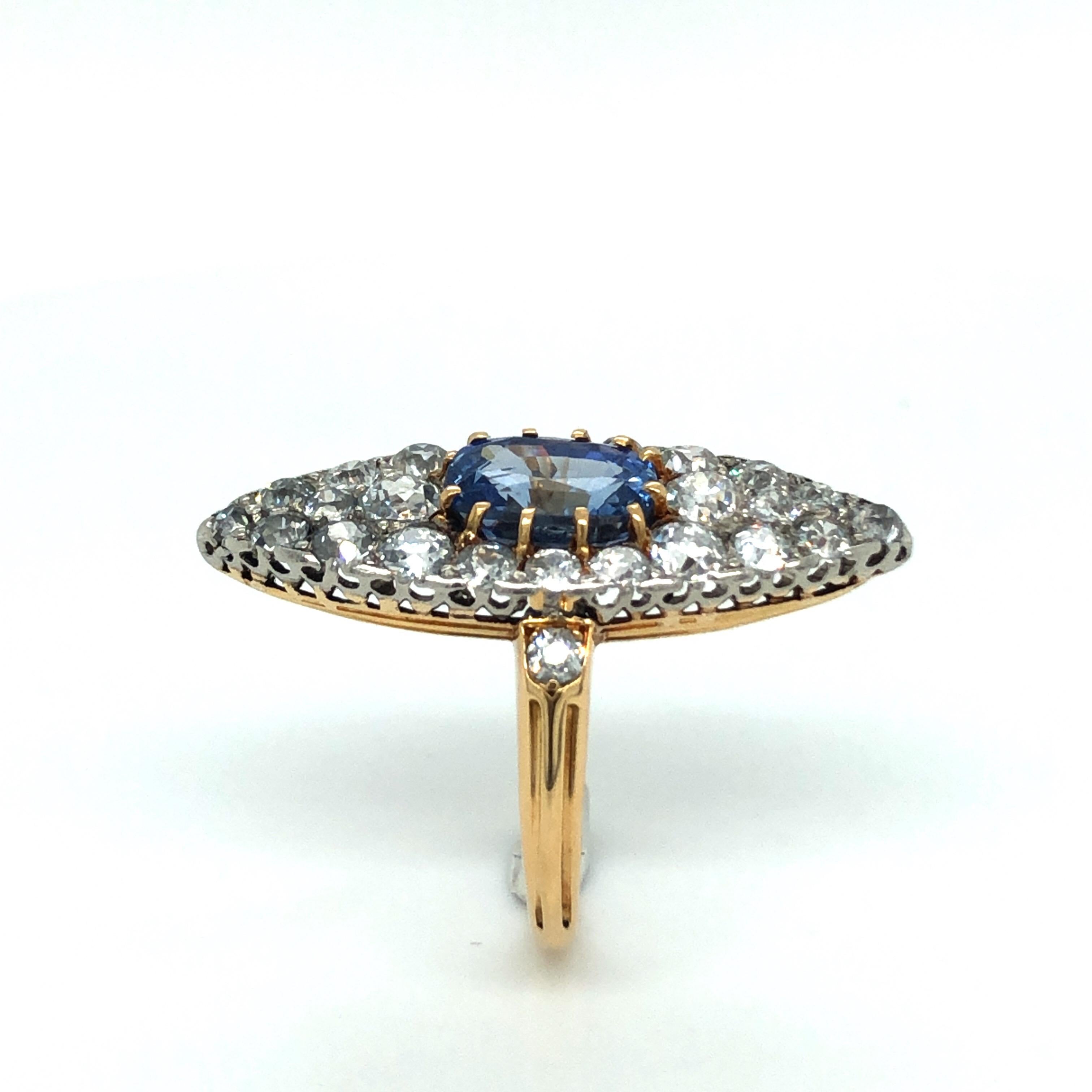 Edwardian 18 Karat Yellow Gold Platinum Sapphire Diamond Dress Cocktail Ring, circa 1905 For Sale