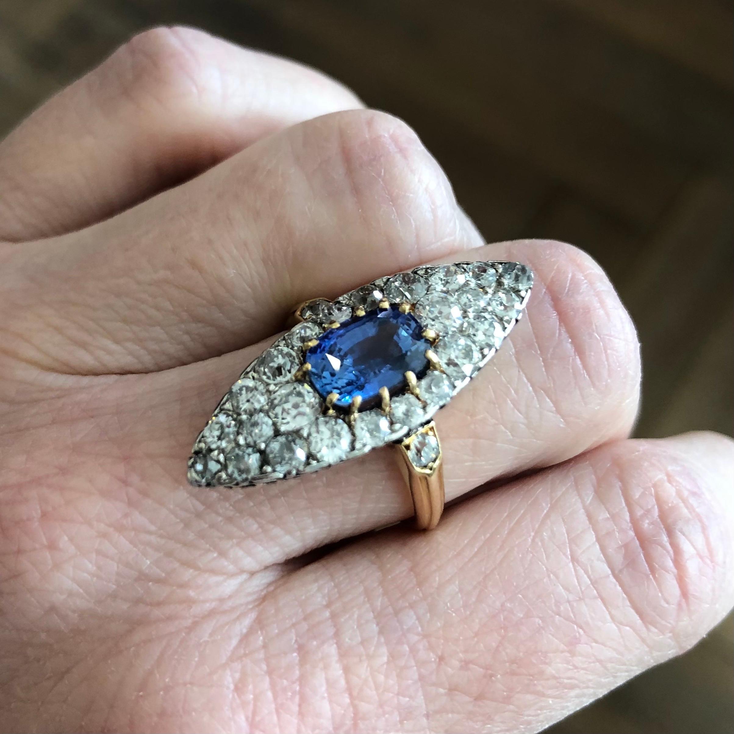 Cushion Cut 18 Karat Yellow Gold Platinum Sapphire Diamond Dress Cocktail Ring, circa 1905 For Sale