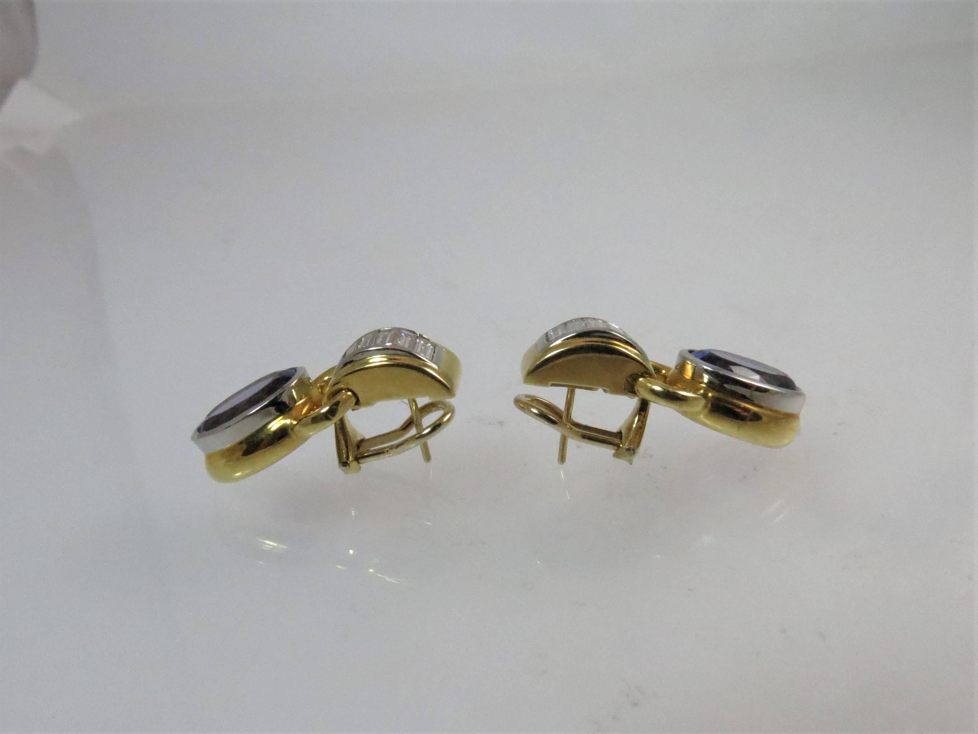 Oval Cut 18 Karat Yellow Gold, Platinum, Tanzanite and Diamond Drop Ear Clips For Sale