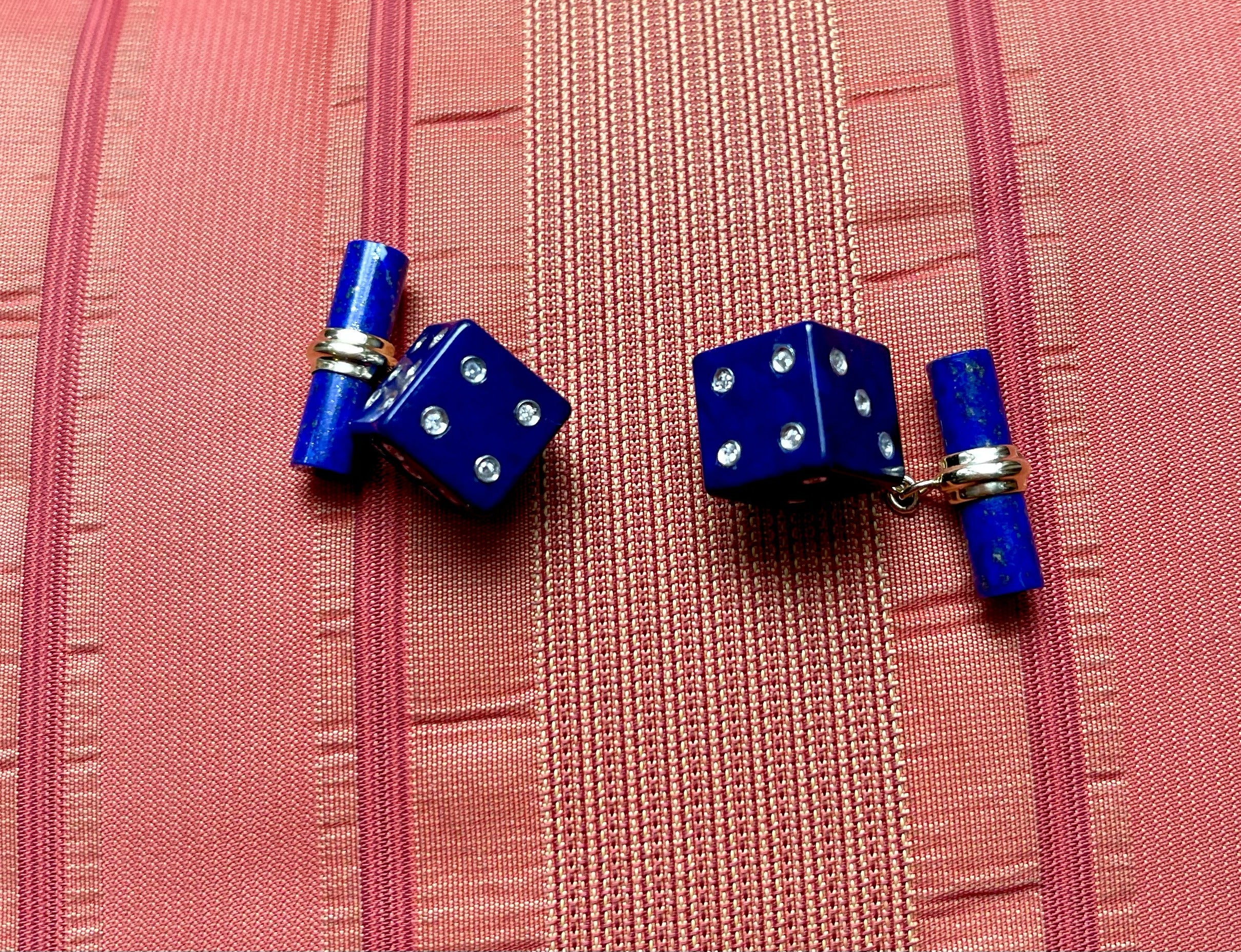18 Karat Yellow Gold Playing Dice Lapis Lazuli Diamonds Cufflinks For Sale 5
