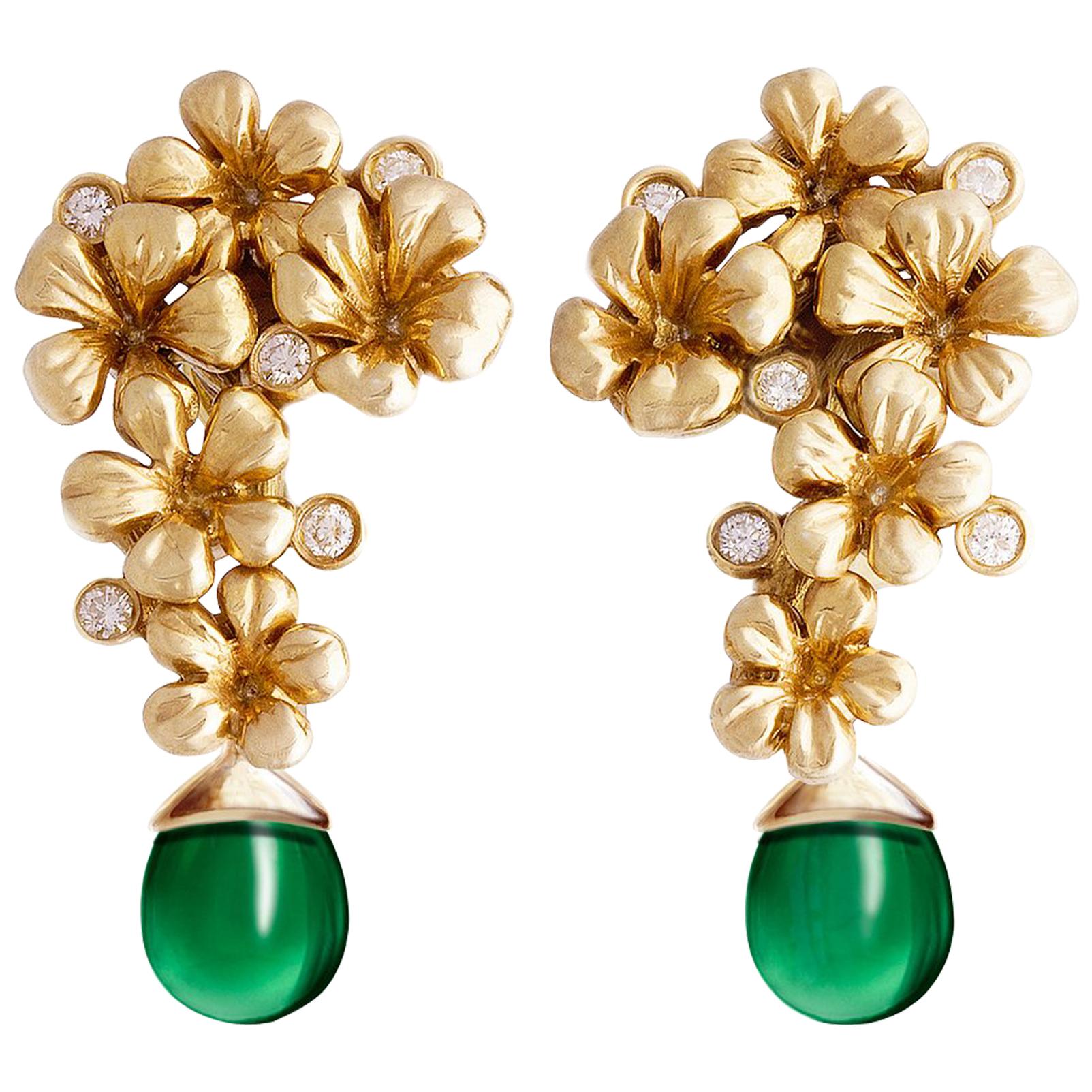 14 Karat Yellow Gold Art Nouveau Blossom Earrings with Natural Diamonds