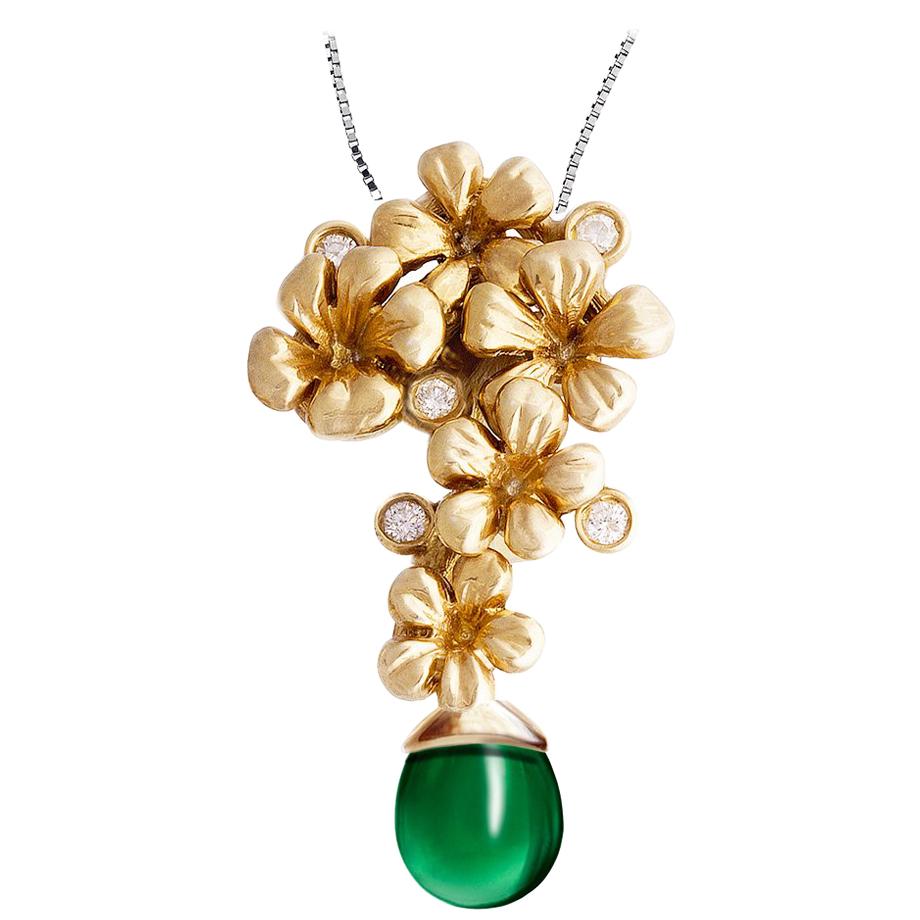 18K Yellow Gold Blossom Necklace Pendant with Diamonds and Detachable Tourmaline For Sale