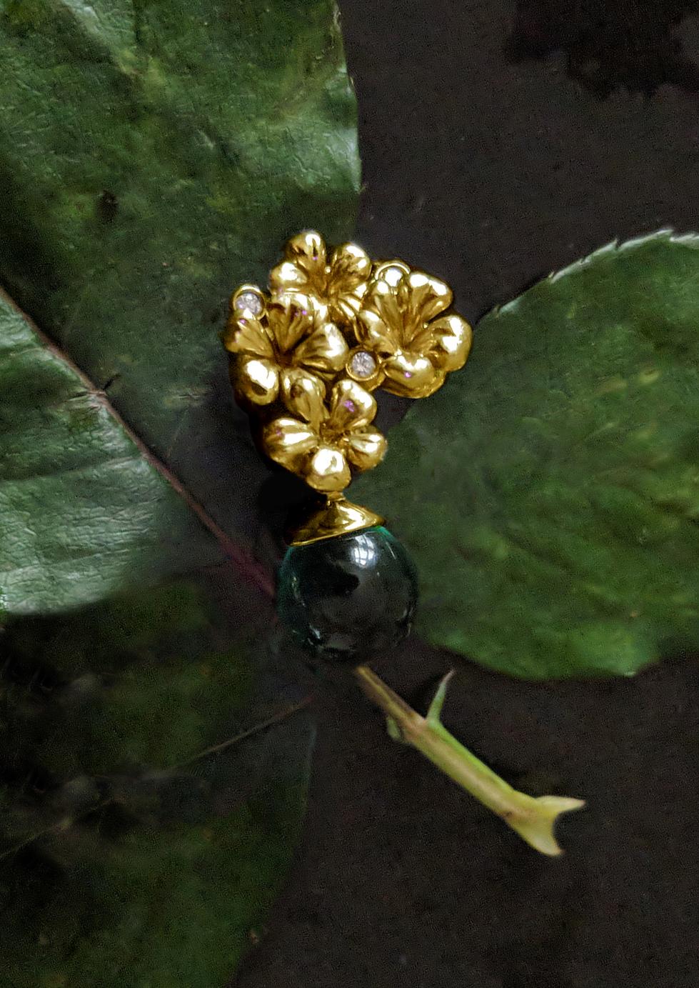 Cabochon 14 Karat Yellow Gold Plum Flowers Clip-on Earrings by the Artist with Diamonds For Sale