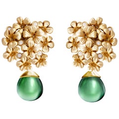 18 Karat Yellow Gold Plum Flowers Earrings with 0.3 Carat Diamonds by the Artist