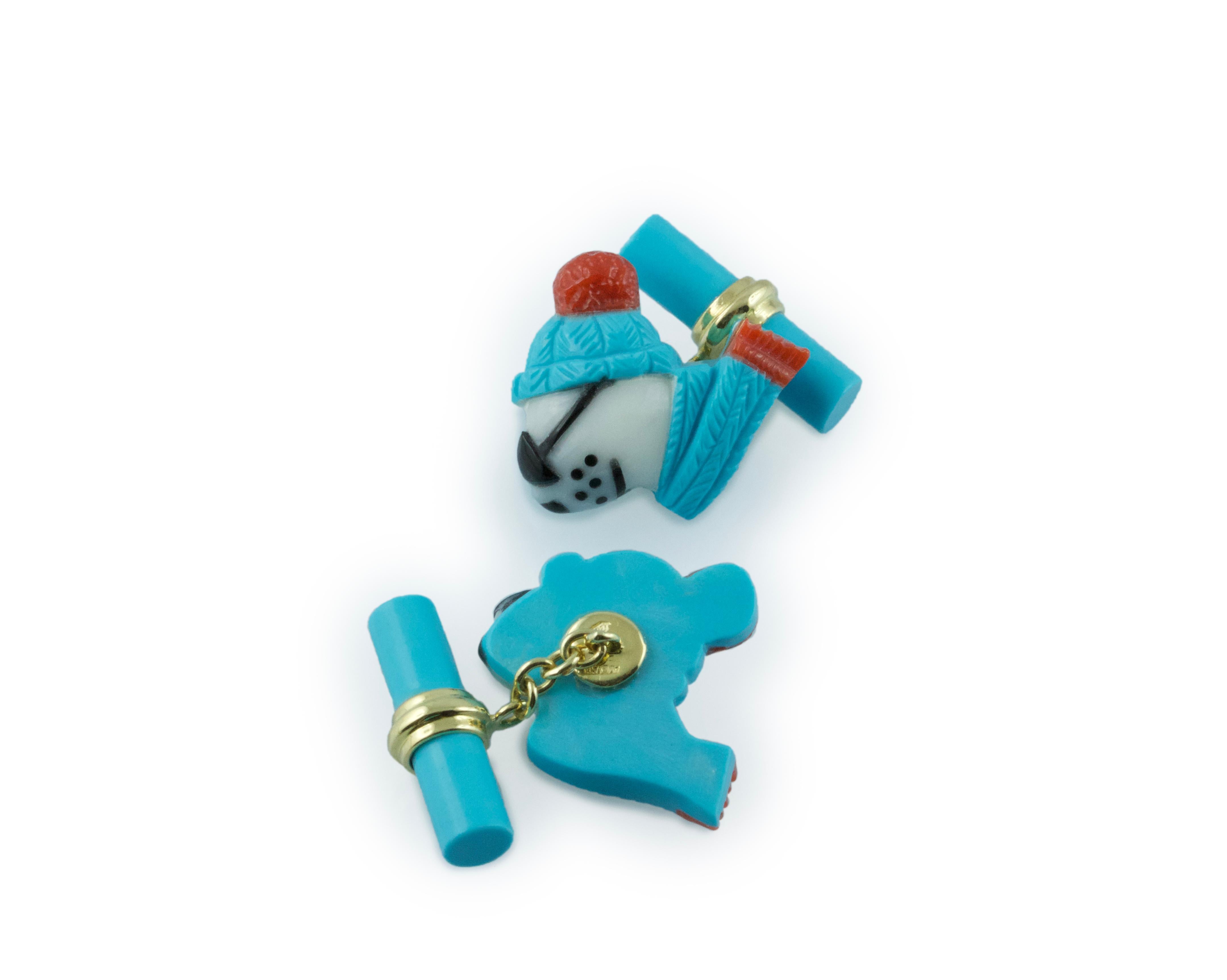 Mixed Cut 18 Karat Yellow Gold Polar Bear in Coral and Turquoise Cufflinks For Sale