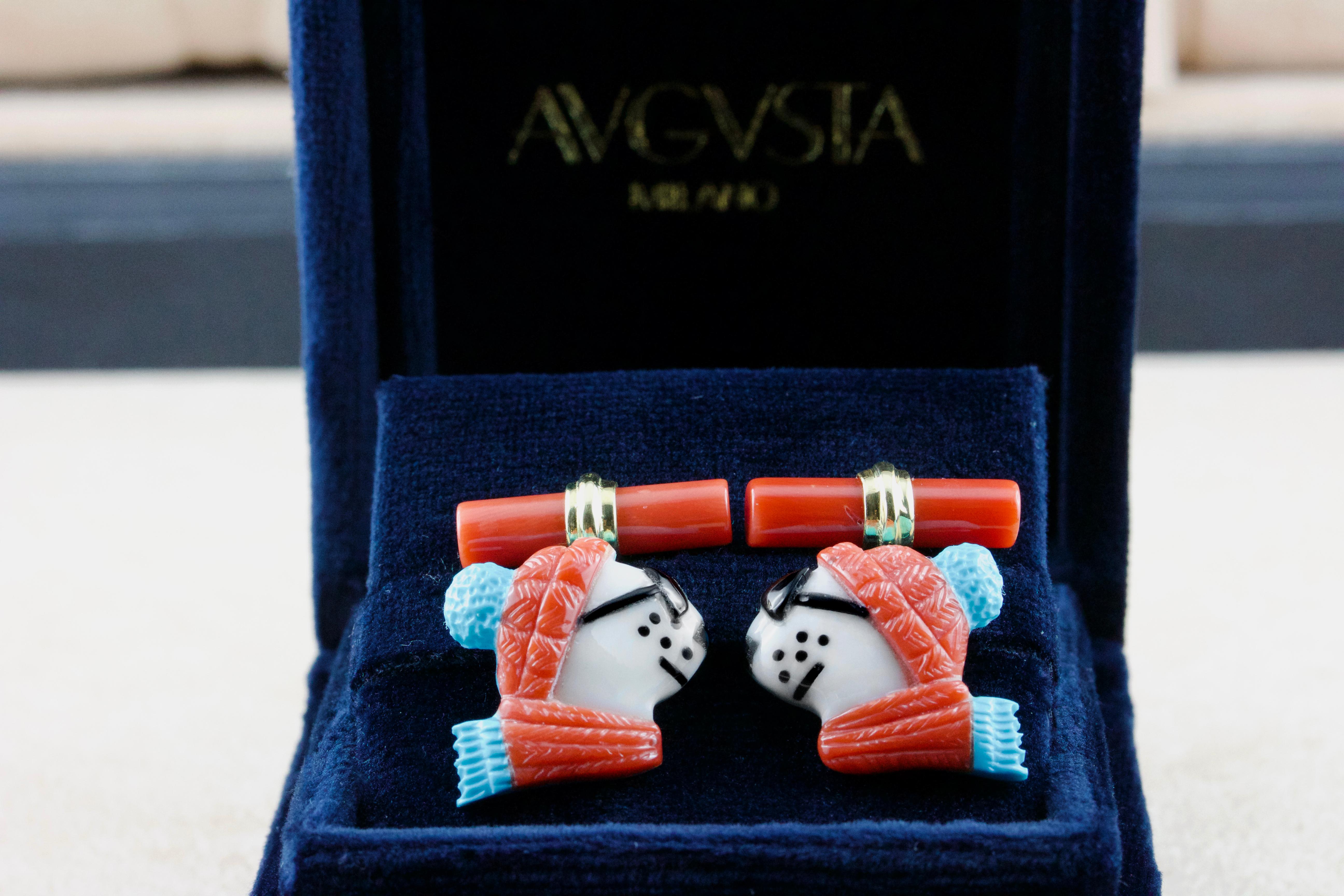 Women's or Men's 18 Karat Yellow Gold Polar Bear in Coral and Turquoise Cufflinks For Sale