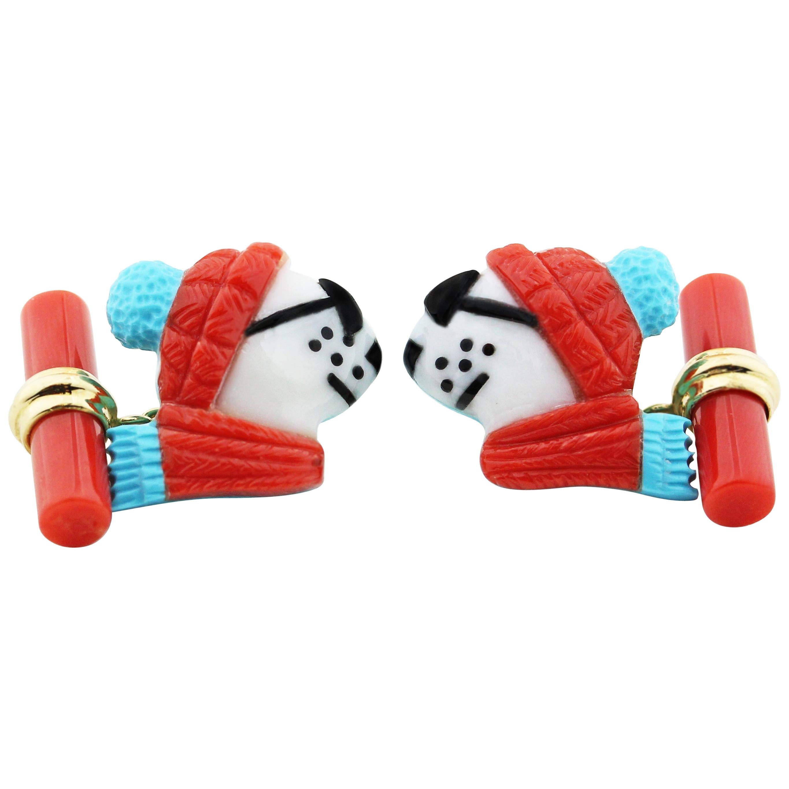 18 Karat Yellow Gold Polar Bear in Coral and Turquoise Cufflinks