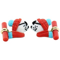 18 Karat Yellow Gold Polar Bear in Coral and Turquoise Cufflinks