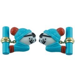 18 Karat Yellow Gold Polar Bear in Coral and Turquoise Cufflinks