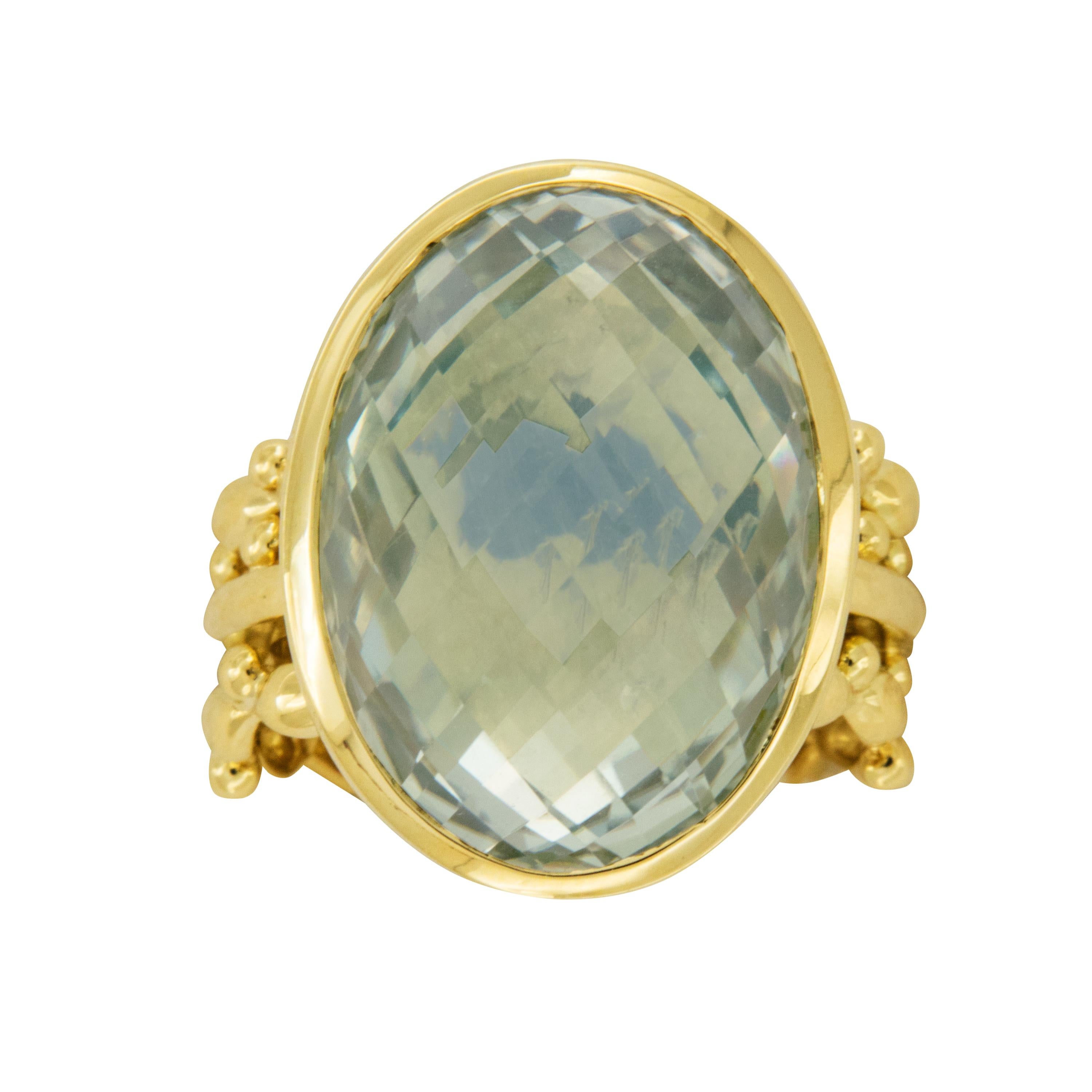 As of February 2019 the only mine producing Prasiolite is in Brazil which is almost mined out. Now is the time to purchase this lovely soft hued green gem! This unique piece combines the checkerboard cut gem showcased in a crown style setting