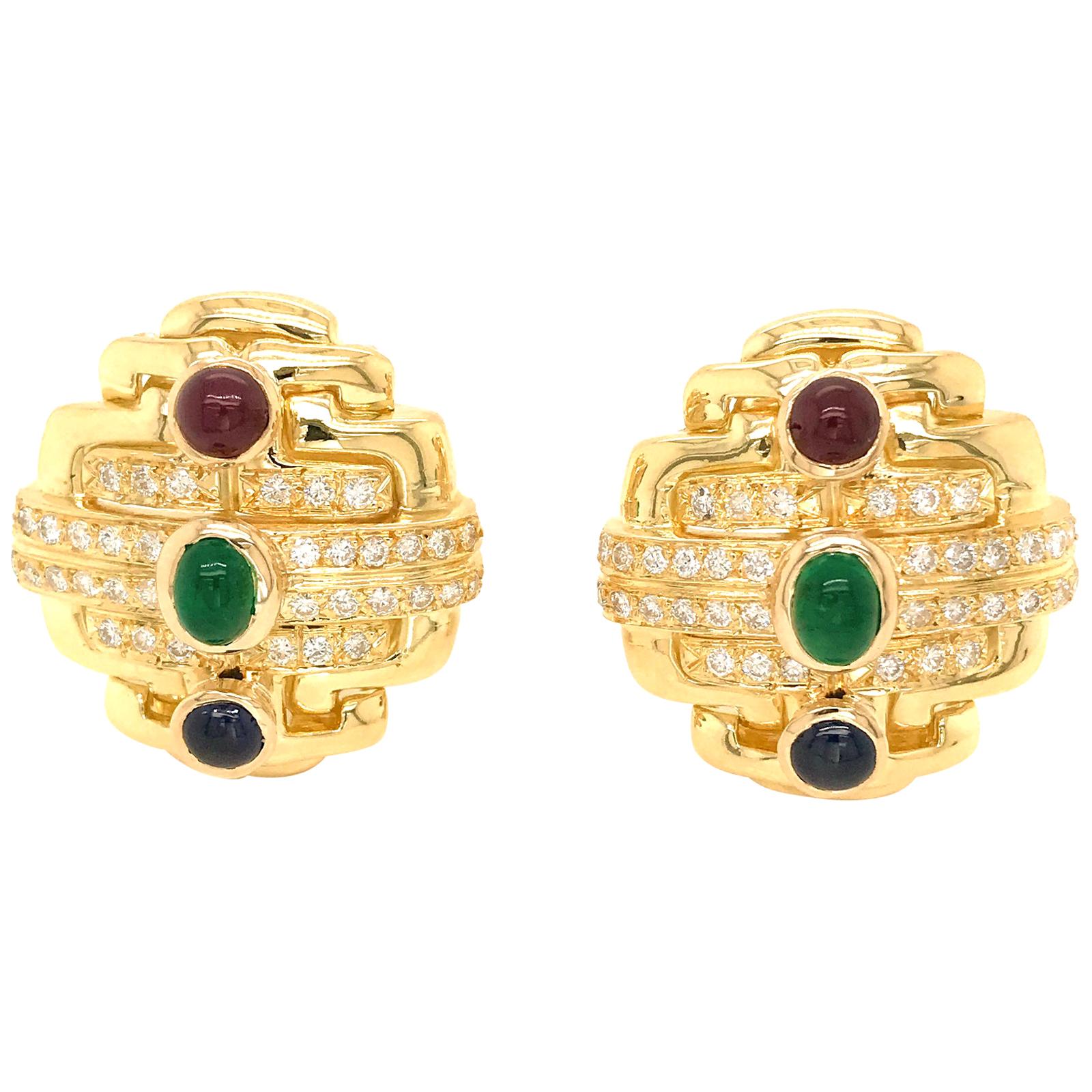 18 Karat Yellow Gold Precious Stone and Diamond Earrings
