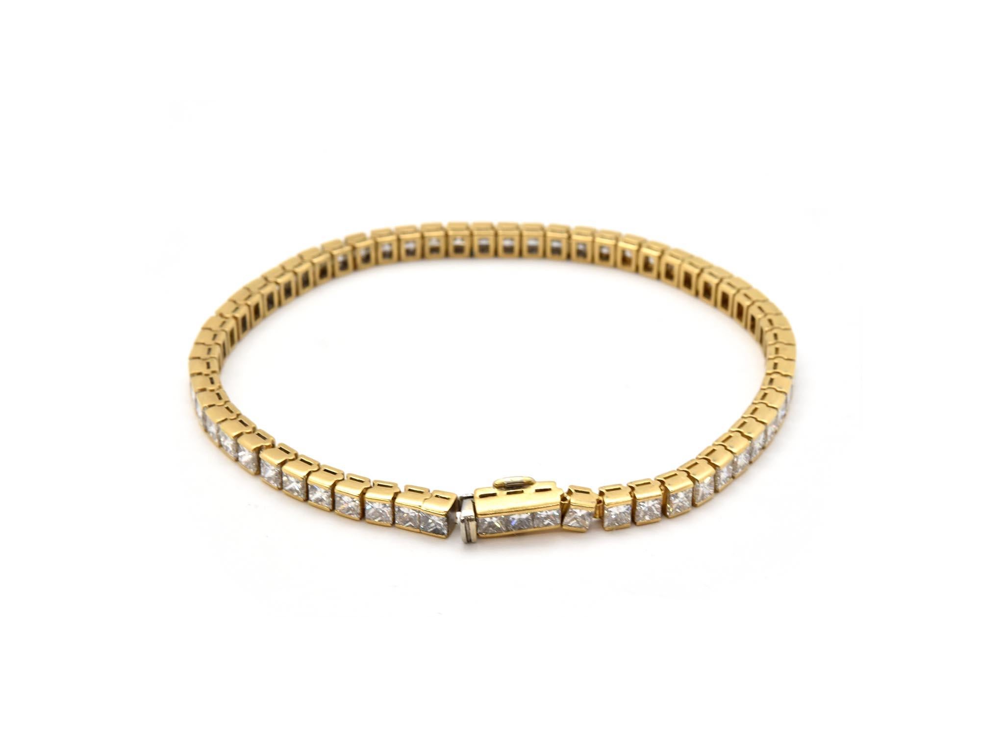 Sixty white princess cut diamonds are placed across the entire face of this exquisite inline bracelet. Crafted in 18k yellow gold, diamonds on this bracelet reach 7.20 carats and are graded: G-H in color and VS in clarity. This bracelet will fit up