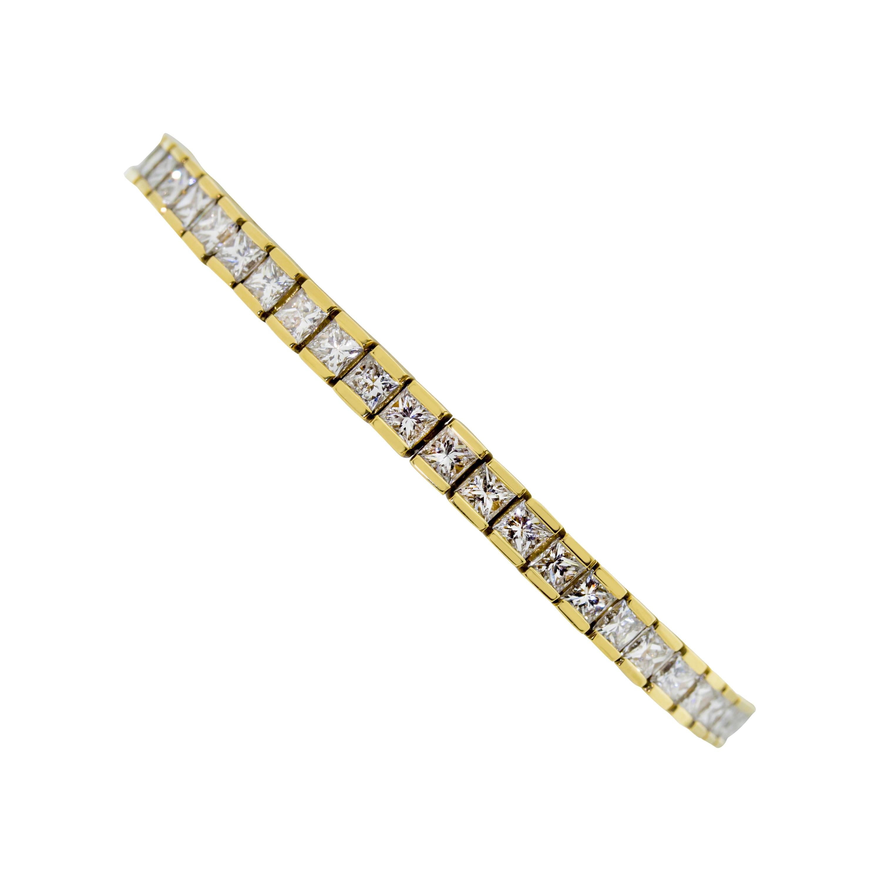 18 Karat Yellow Gold Princess Cut Bezel Set Diamond Tennis Bracelet