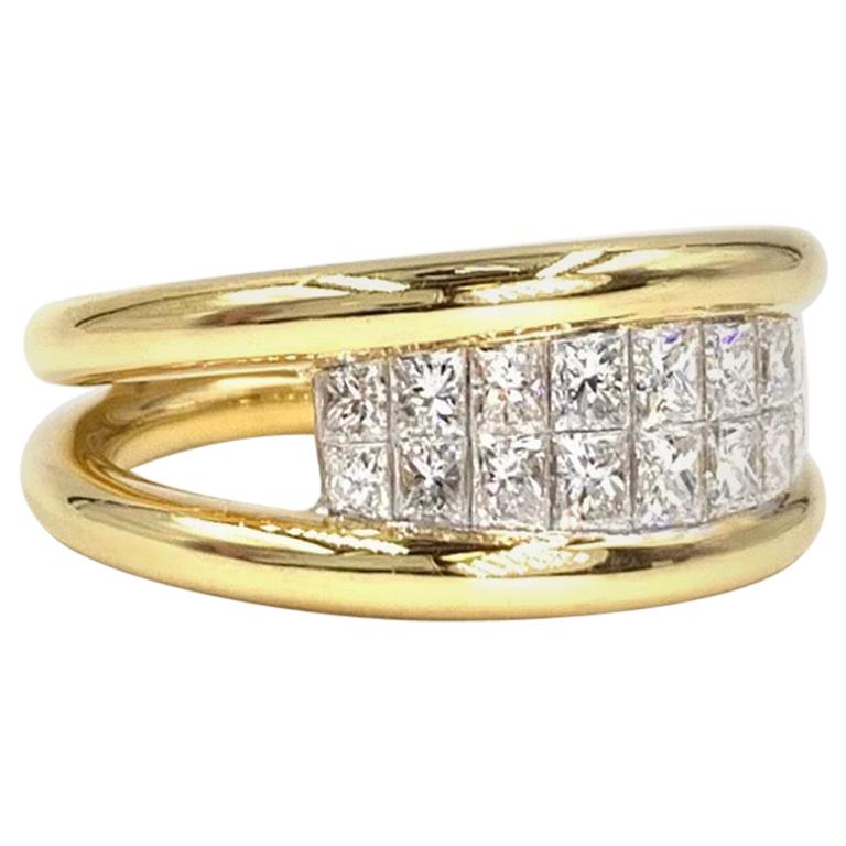 18 Karat Yellow Gold Princess Cut Diamond Double-Row Ring For Sale
