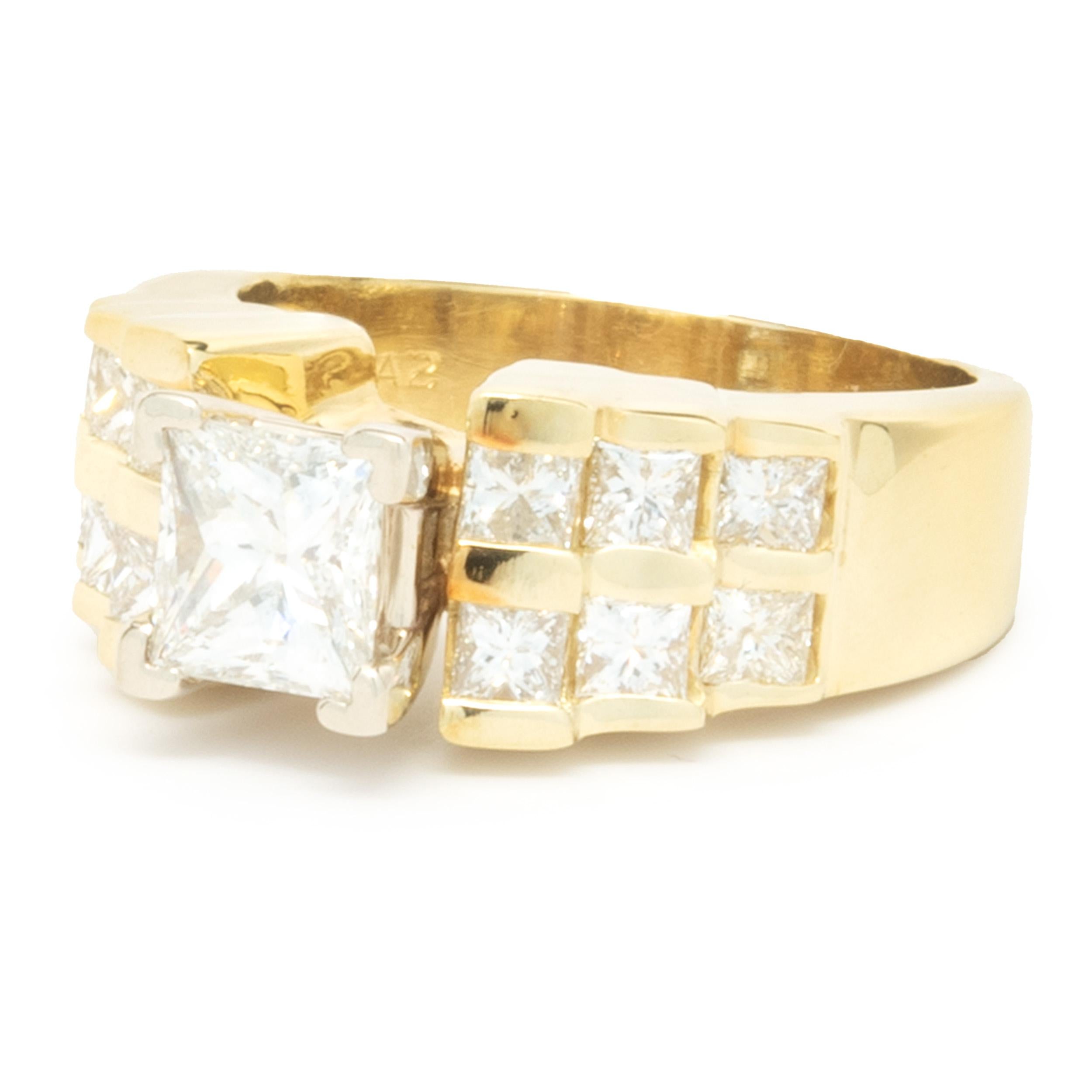 Women's 18 Karat Yellow Gold Princess Cut Diamond Engagement Ring For Sale