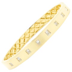 18 Karat Yellow Gold Princess Cut Diamond Station Bangle Bracelet