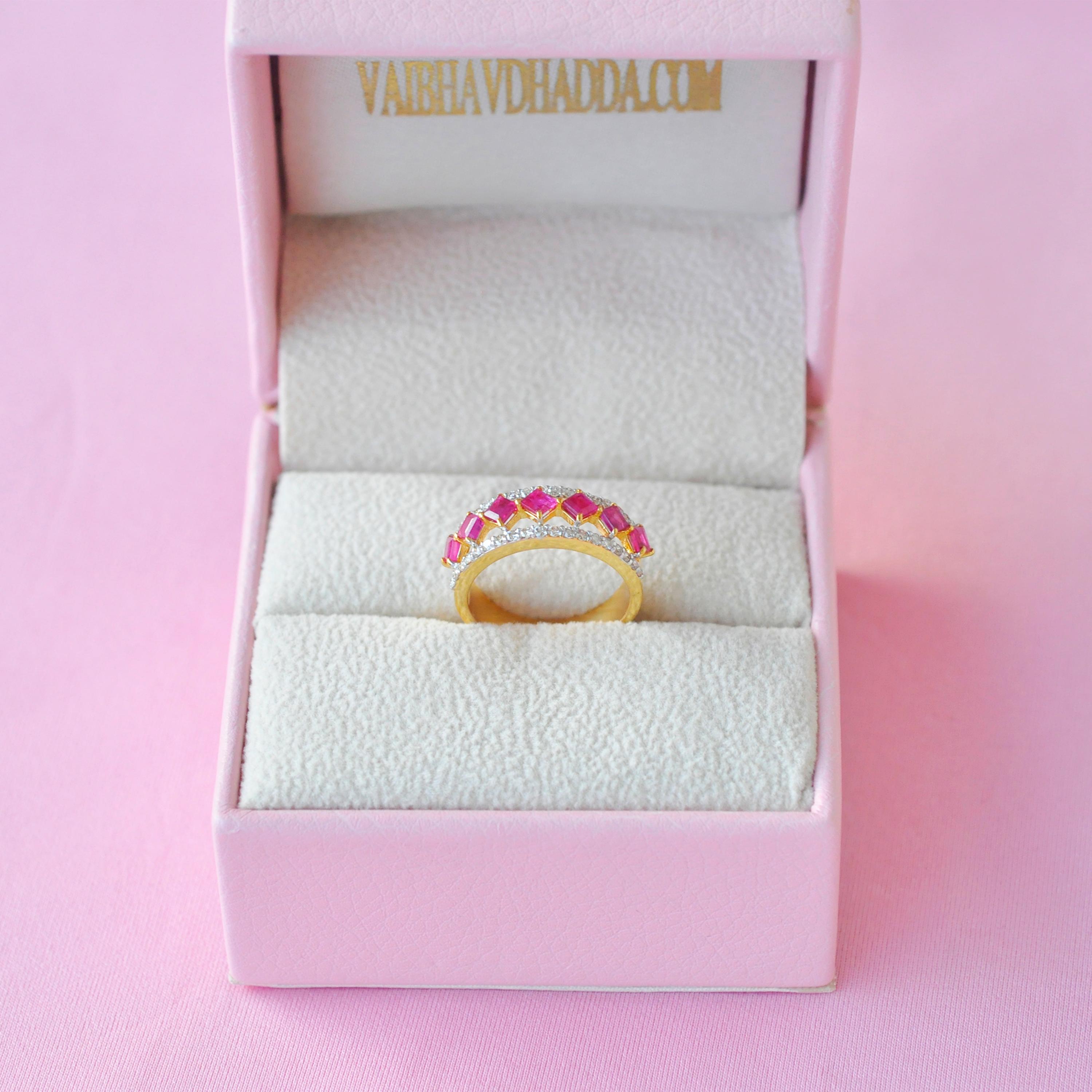 For Sale:  18 Karat Yellow Gold Princess Cut Ruby Diamond Band Ring 6