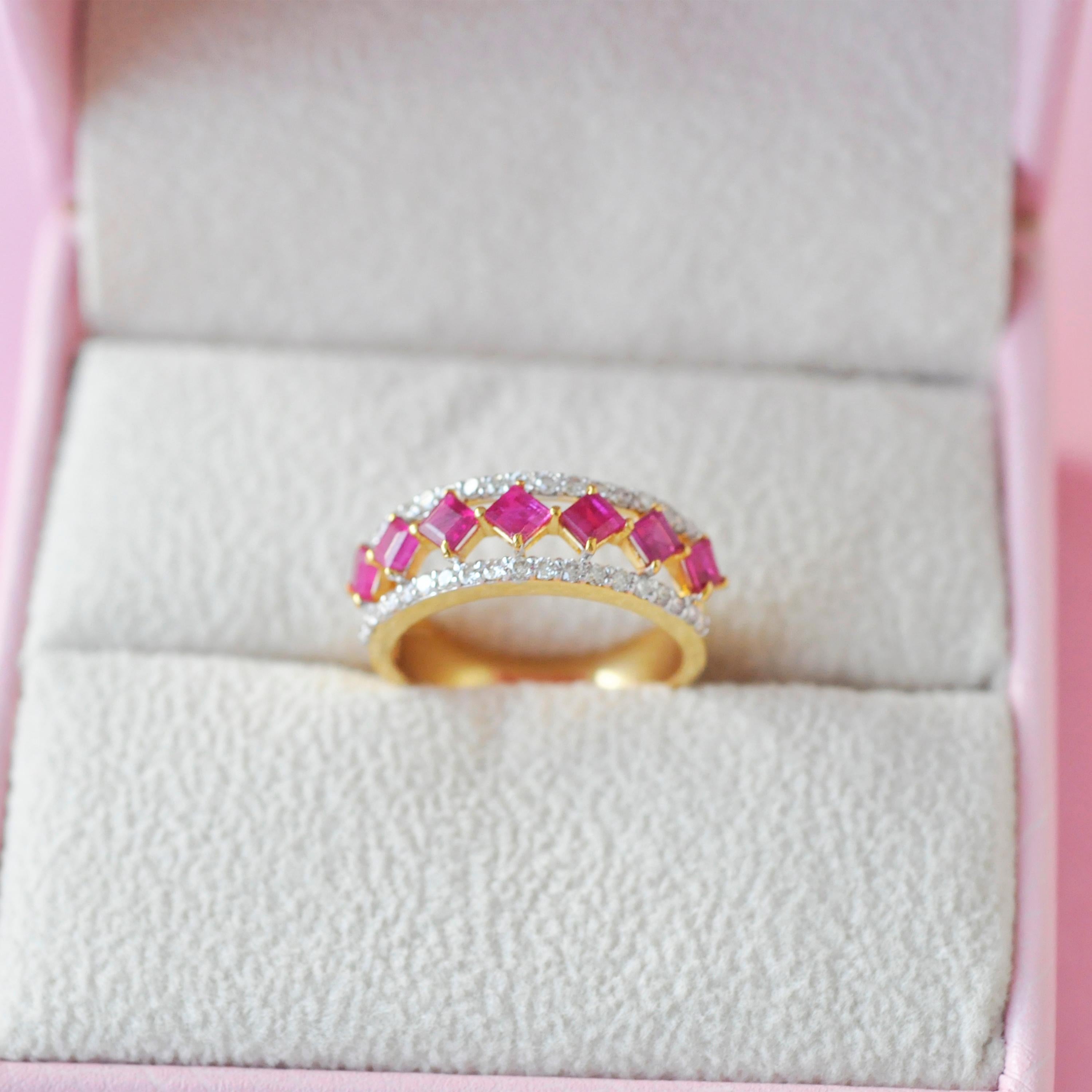 For Sale:  18 Karat Yellow Gold Princess Cut Ruby Diamond Band Ring 7