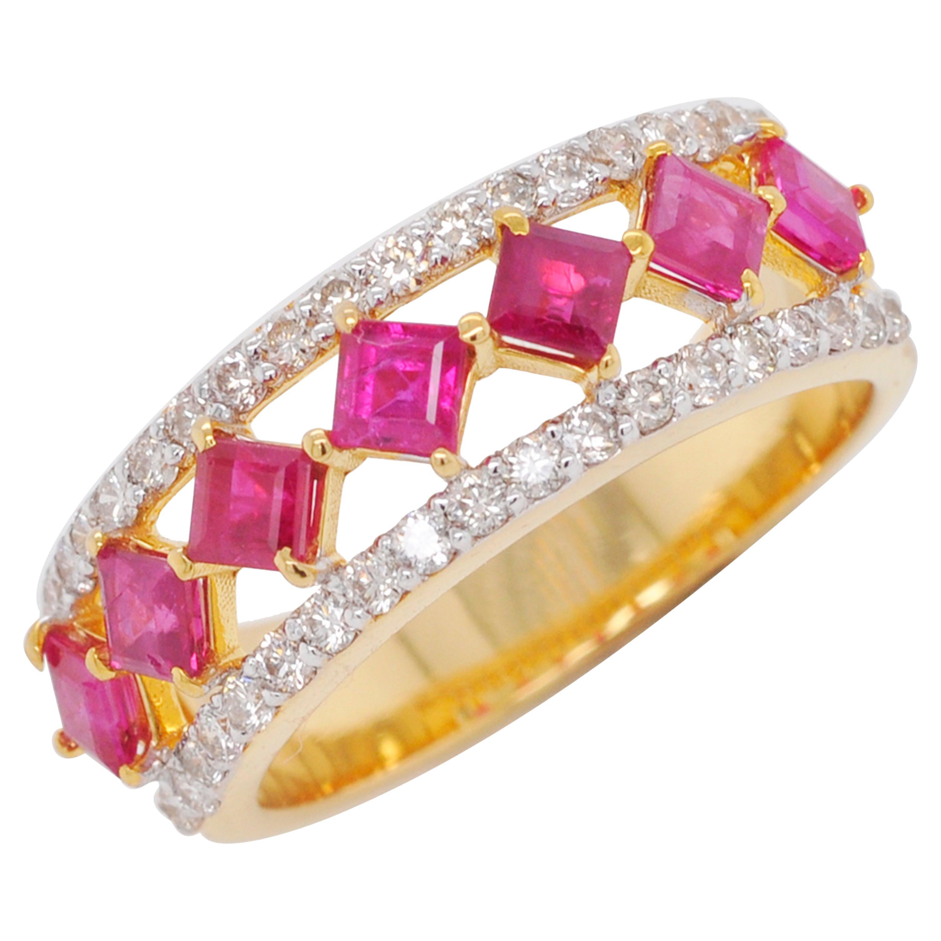 For Sale:  18 Karat Yellow Gold Princess Cut Ruby Diamond Band Ring