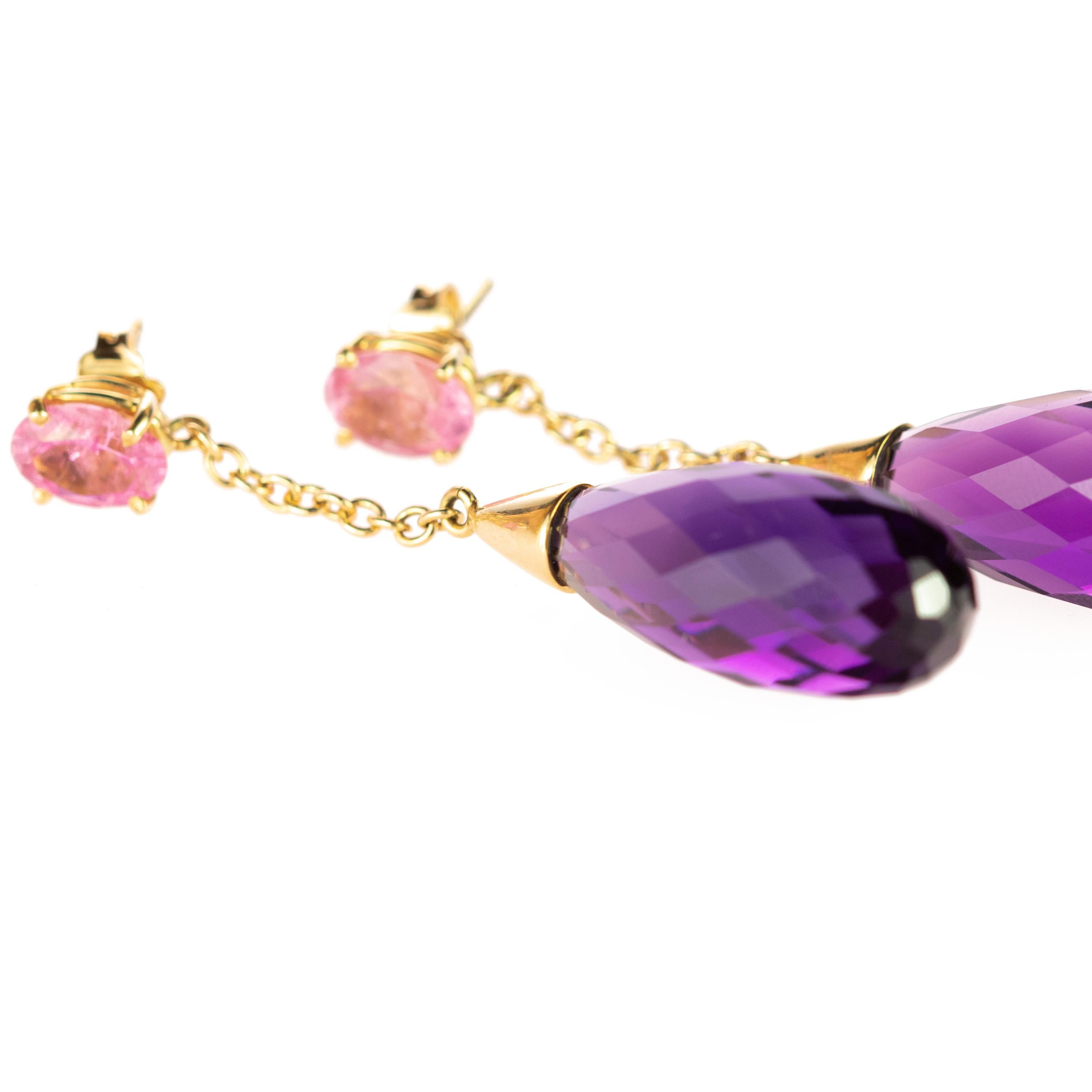 Contemporary 18 Karat Yellow Gold Purple Amethyst Tear Pink Tourmaline Dangle Earrings For Sale