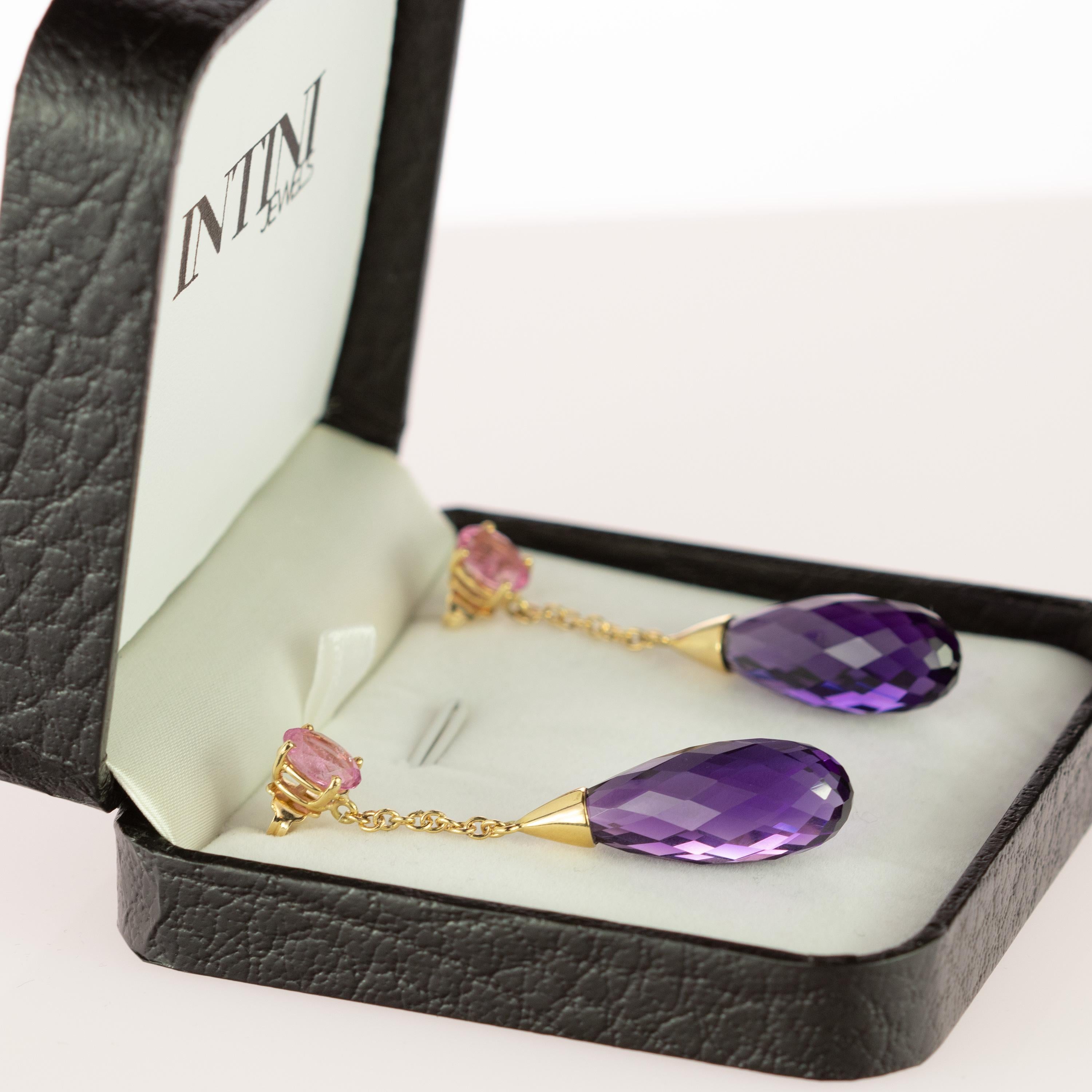 18 Karat Yellow Gold Purple Amethyst Tear Pink Tourmaline Dangle Earrings In New Condition For Sale In Milano, IT