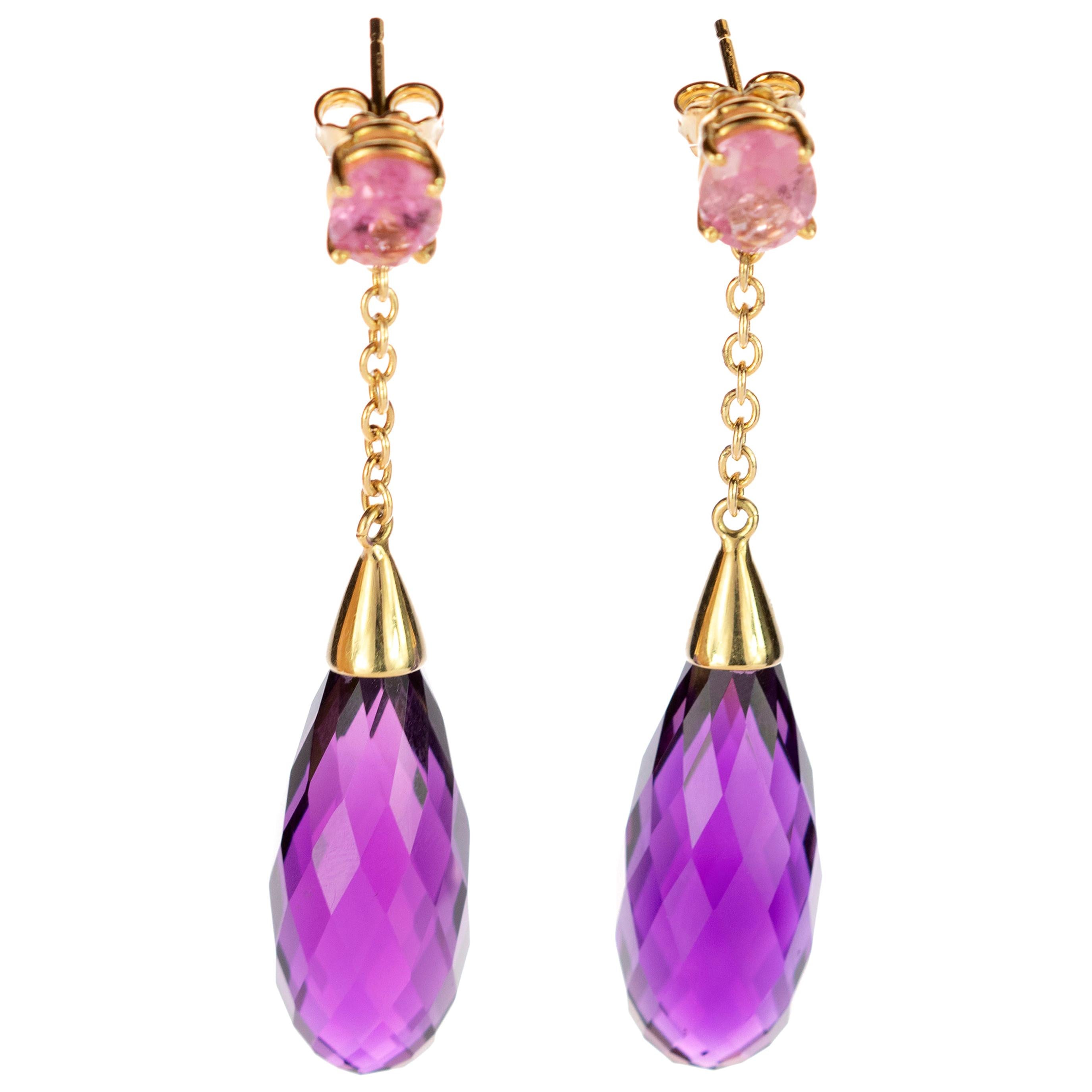 18 Karat Yellow Gold Purple Amethyst Tear Pink Tourmaline Dangle Earrings For Sale