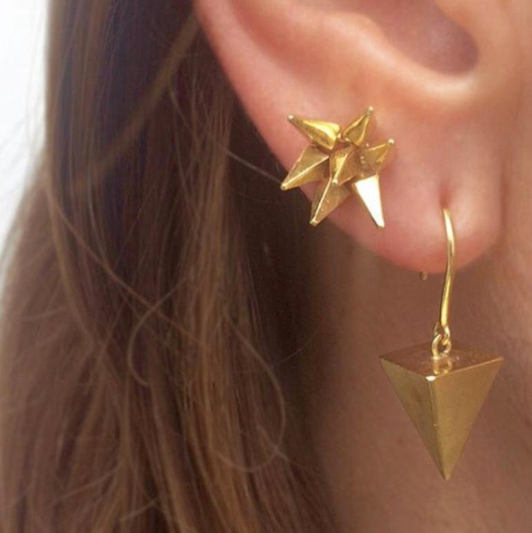 18k Yellow Gold Pyramid Earrings feature two solid gold pyramids set on S-hook ear loops
From Karma El Khalil's Classics Collection
