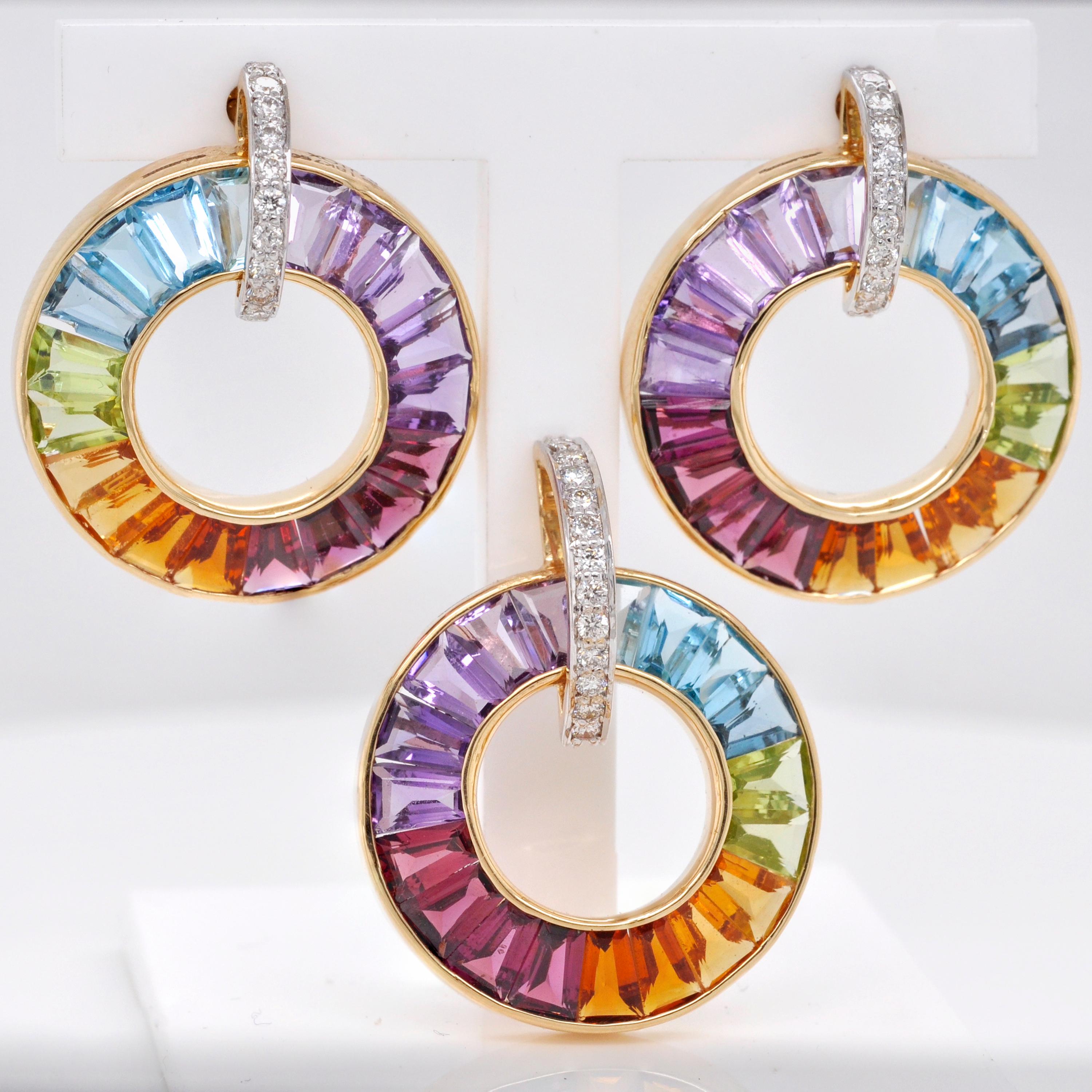 Tapered Baguette 18 Karat Yellow Gold Rainbow Gemstones Circle Diamond Pendant Earrings Set For Sale