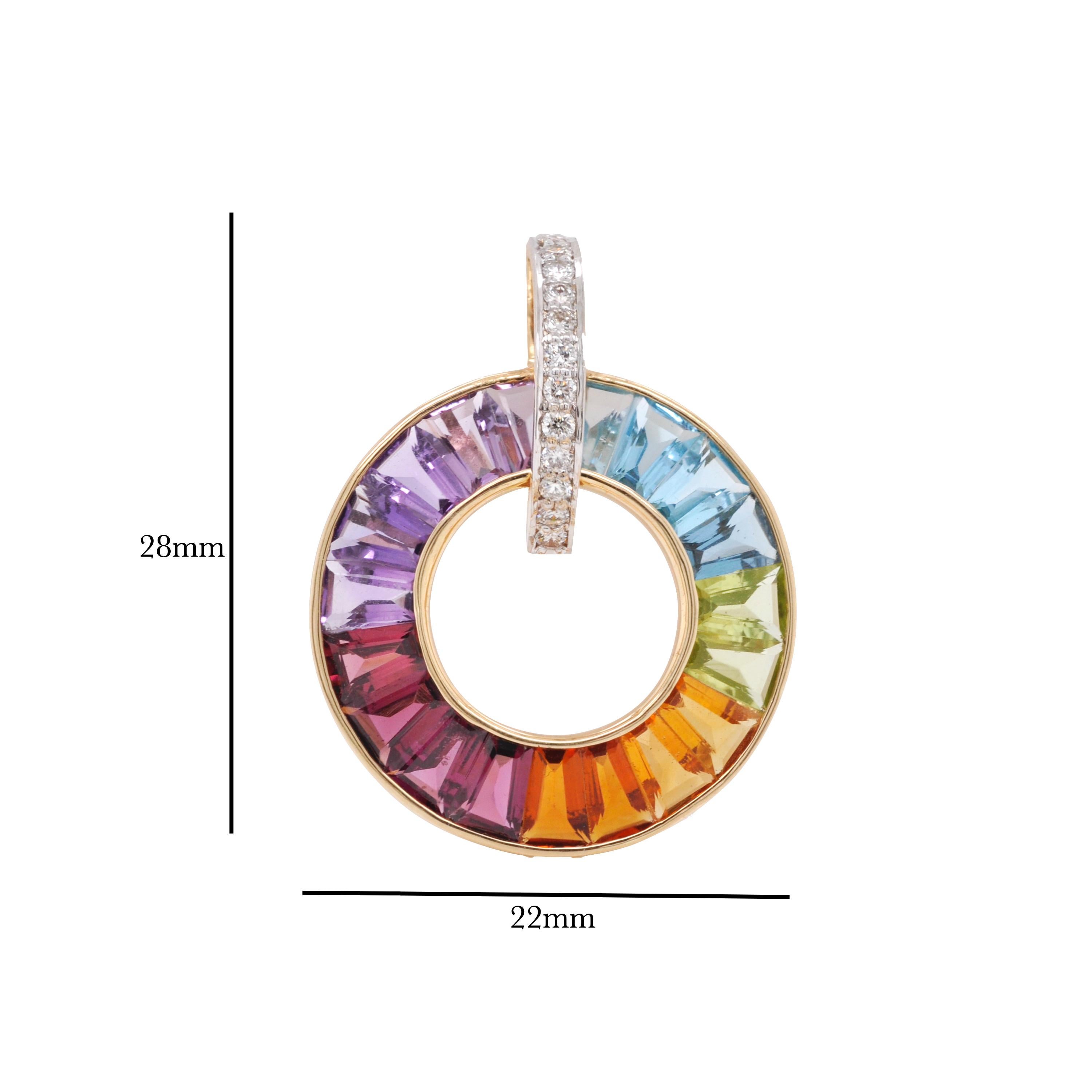 Women's 18 Karat Yellow Gold Rainbow Gemstones Circle Diamond Pendant Earrings Set For Sale