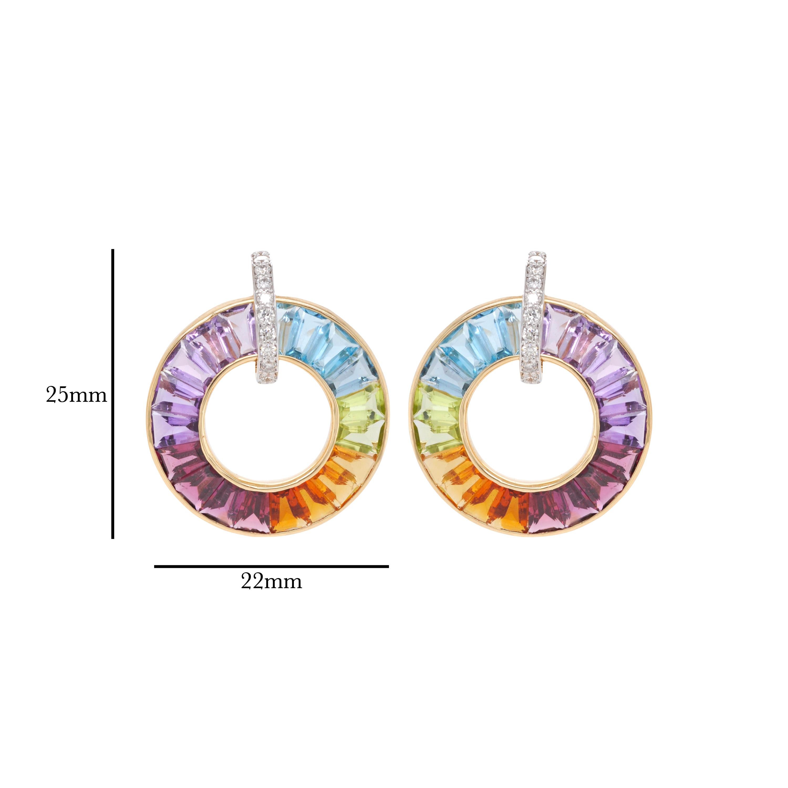 18 Karat Gold Handcrafted Rainbow Gemstones Diamond Circle Pendant Earrings Set For Sale 1