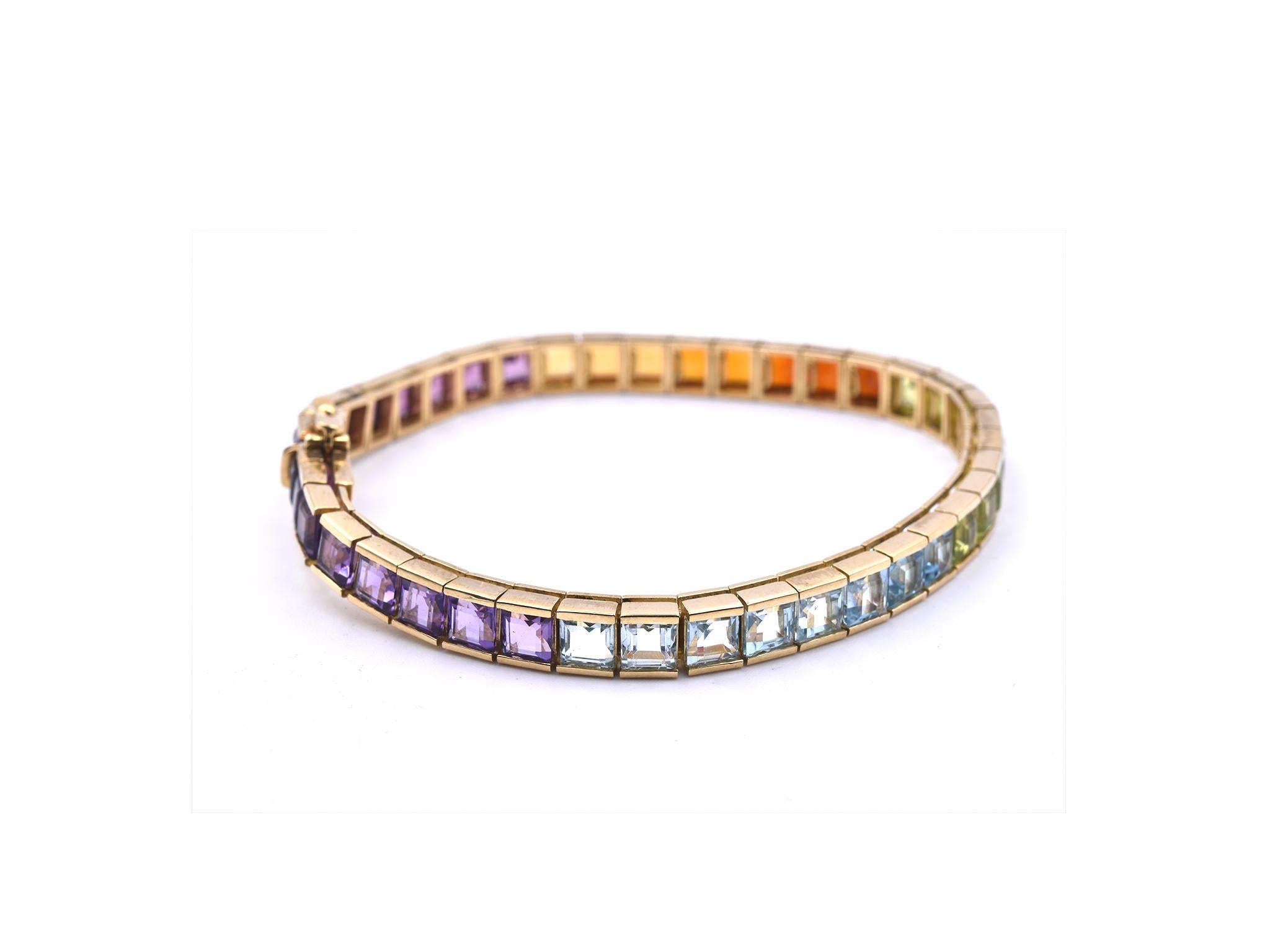 Designer: custom design
Material: 18k yellow gold
Gemstones: 40= 9.60cttw
Dimensions: bracelet is 6 ¾ inch long and 5.12mm wide 
Weight:  19.62 grams
