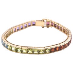 18 Karat Yellow Gold Rainbow Multi Gemstone Tennis Bracelet