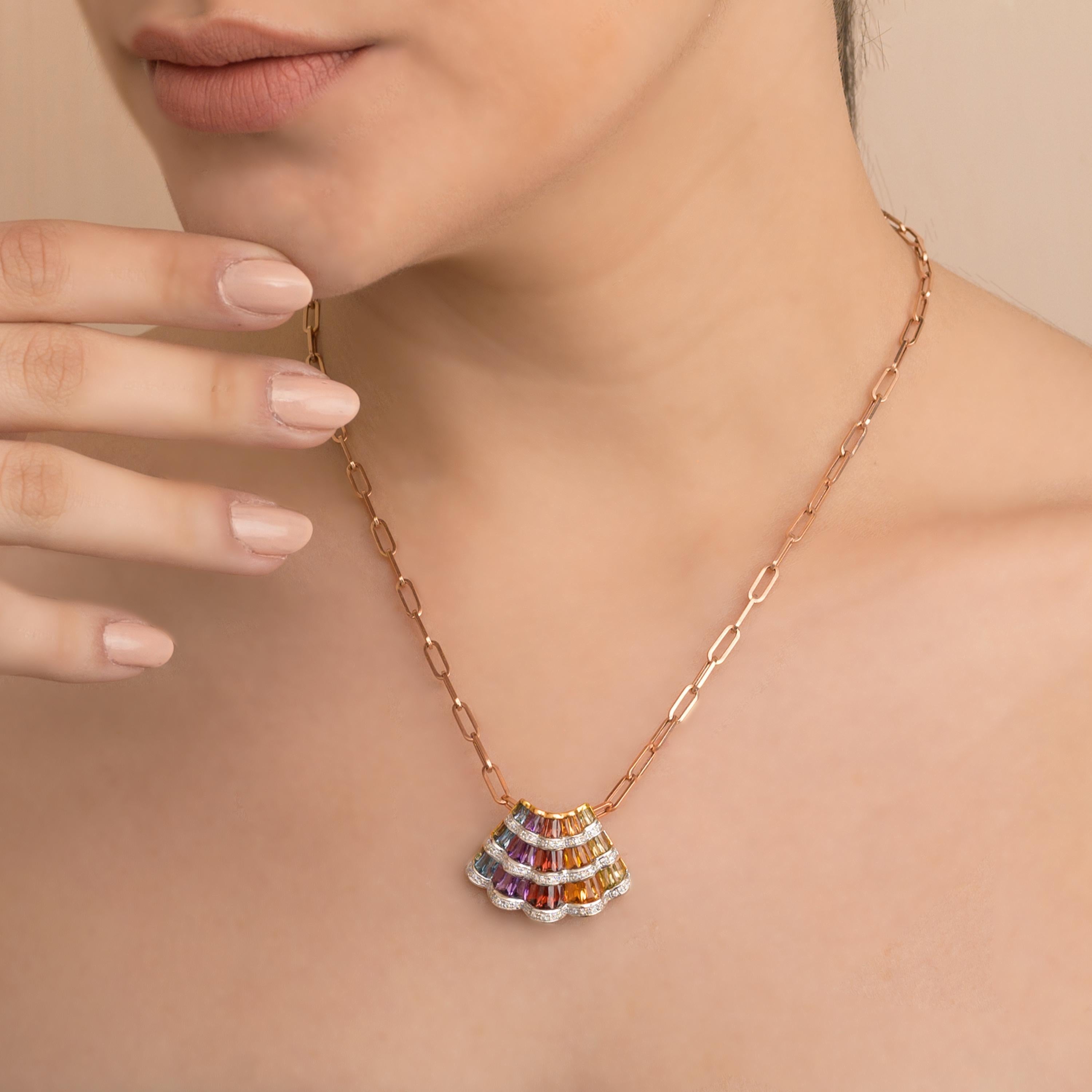 18 karat yellow gold rainbow multicolour gemstone contemporary pendant necklace

Absolutely stunning, this rainbow gemstones wing pendant necklace is a graceful embodiment of color and sophistication. This elegant pendant, crafted in fine 18 karat