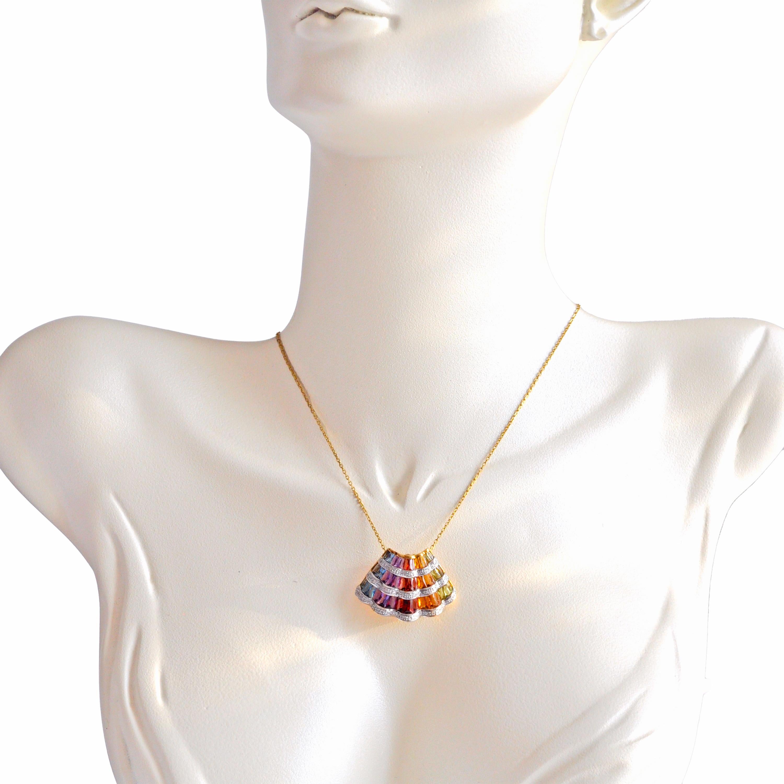 Tapered Baguette 18 Karat Yellow Gold Rainbow Multicolour Gemstone Contemporary Pendant Necklace For Sale