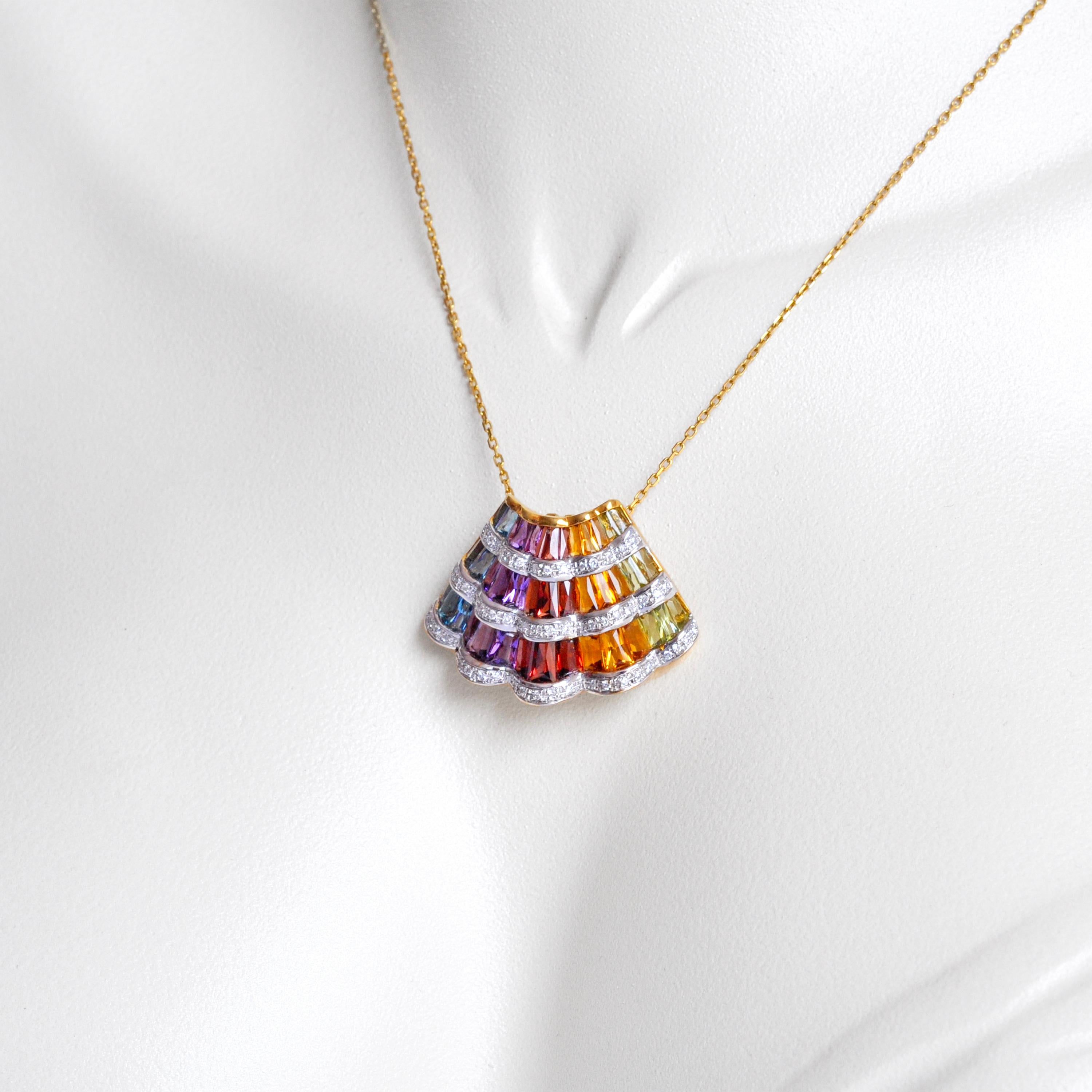18 Karat Yellow Gold Rainbow Multicolour Gemstone Contemporary Pendant Necklace In New Condition For Sale In Jaipur, Rajasthan