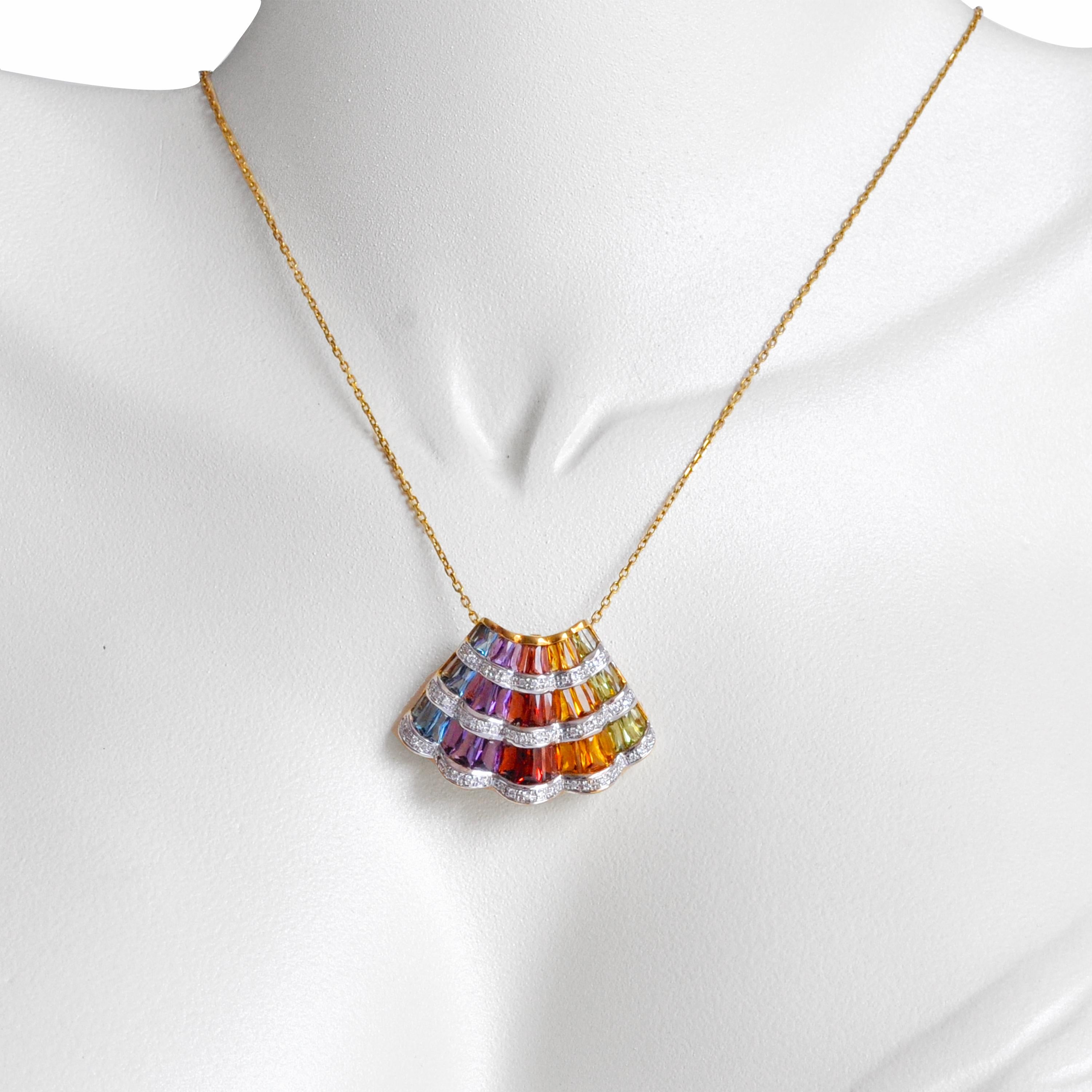 18 Karat Yellow Gold Rainbow Multicolour Gemstone Contemporary Pendant Necklace For Sale 4