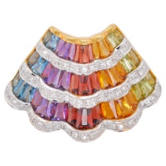 18 Karat Yellow Gold Rainbow Multicolour Gemstone Contemporary Pendant Necklace