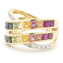 18 Karat Yellow Gold Rainbow Sapphire and Diamond Bypass Ring
